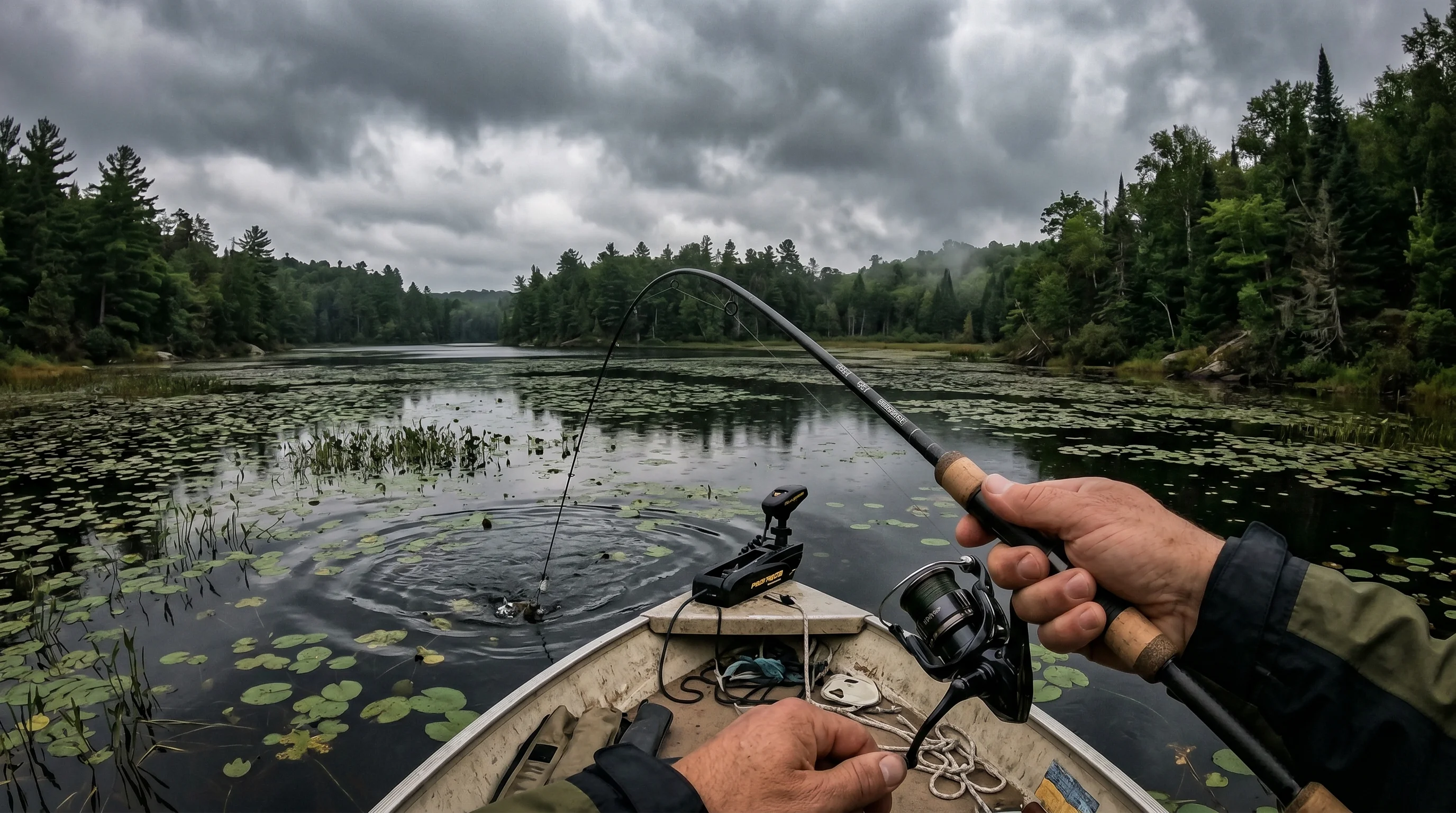 Early morning sunrise over a calm lake during the prime low-light topwater bass fishing window