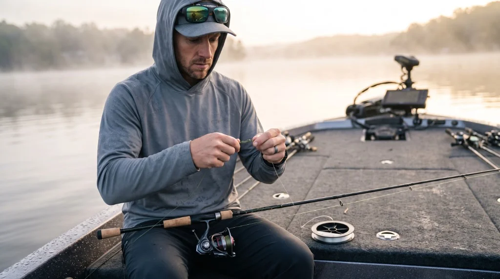 Angler tying a braid-to-fluorocarbon leader connection on a spinning rod on boat deck