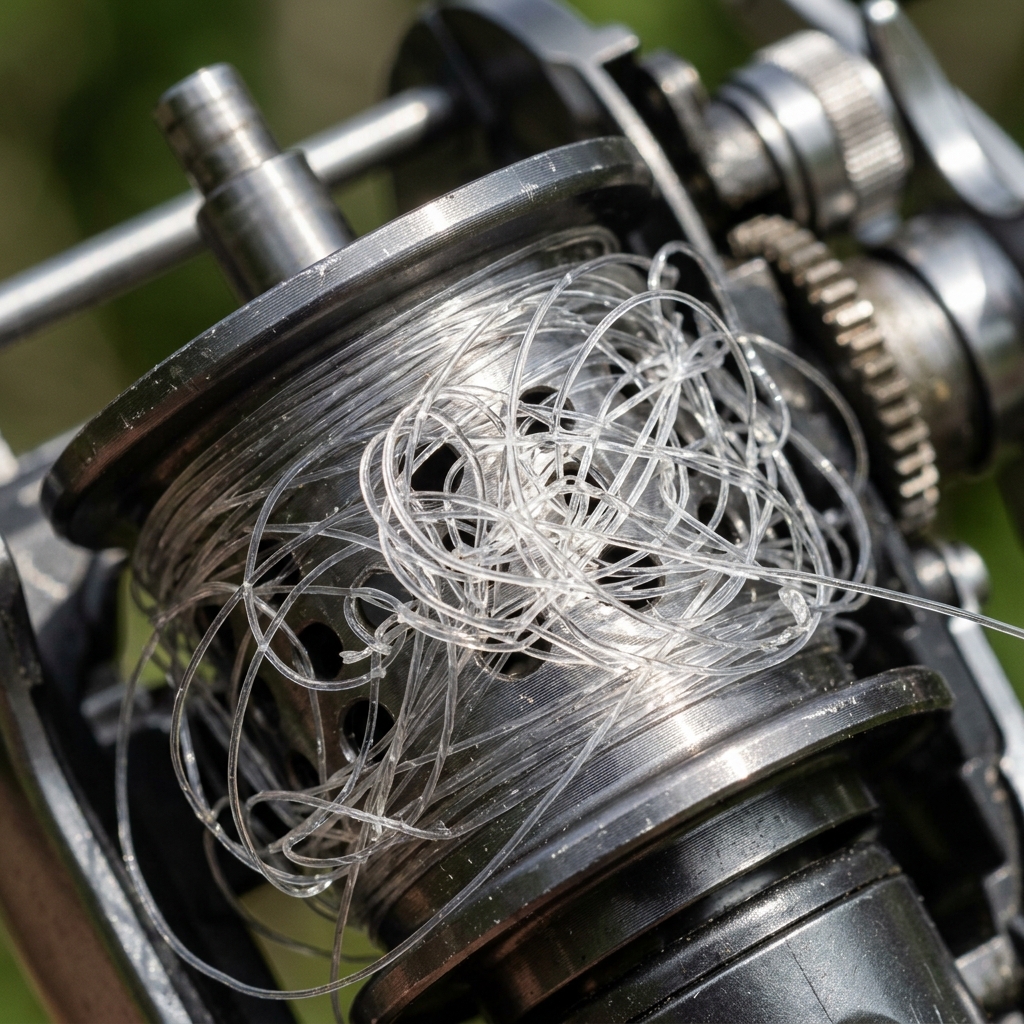 A severe baitcaster bird's nest or backlash