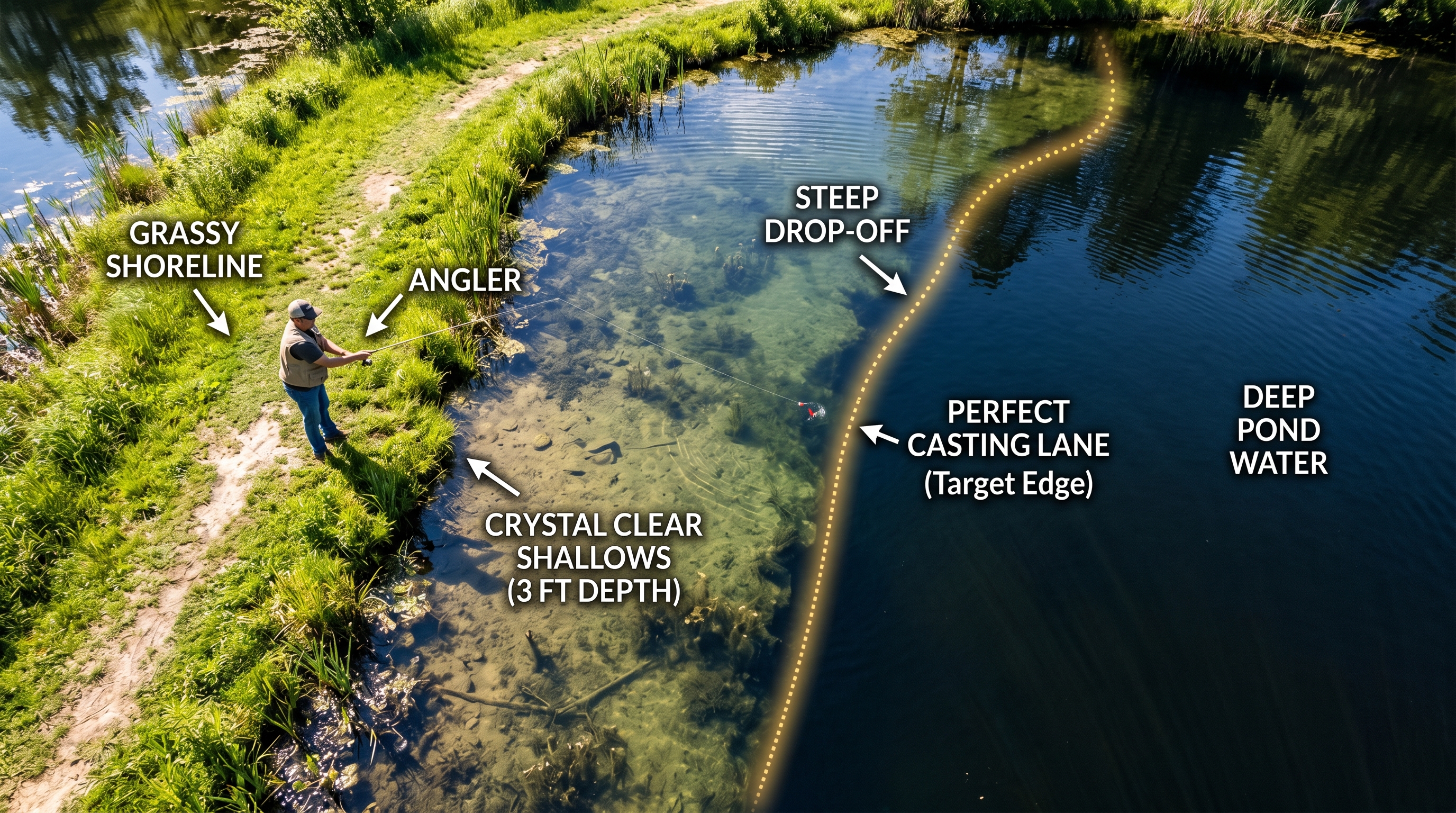 Shoreline topographic diagram explaining casting angles