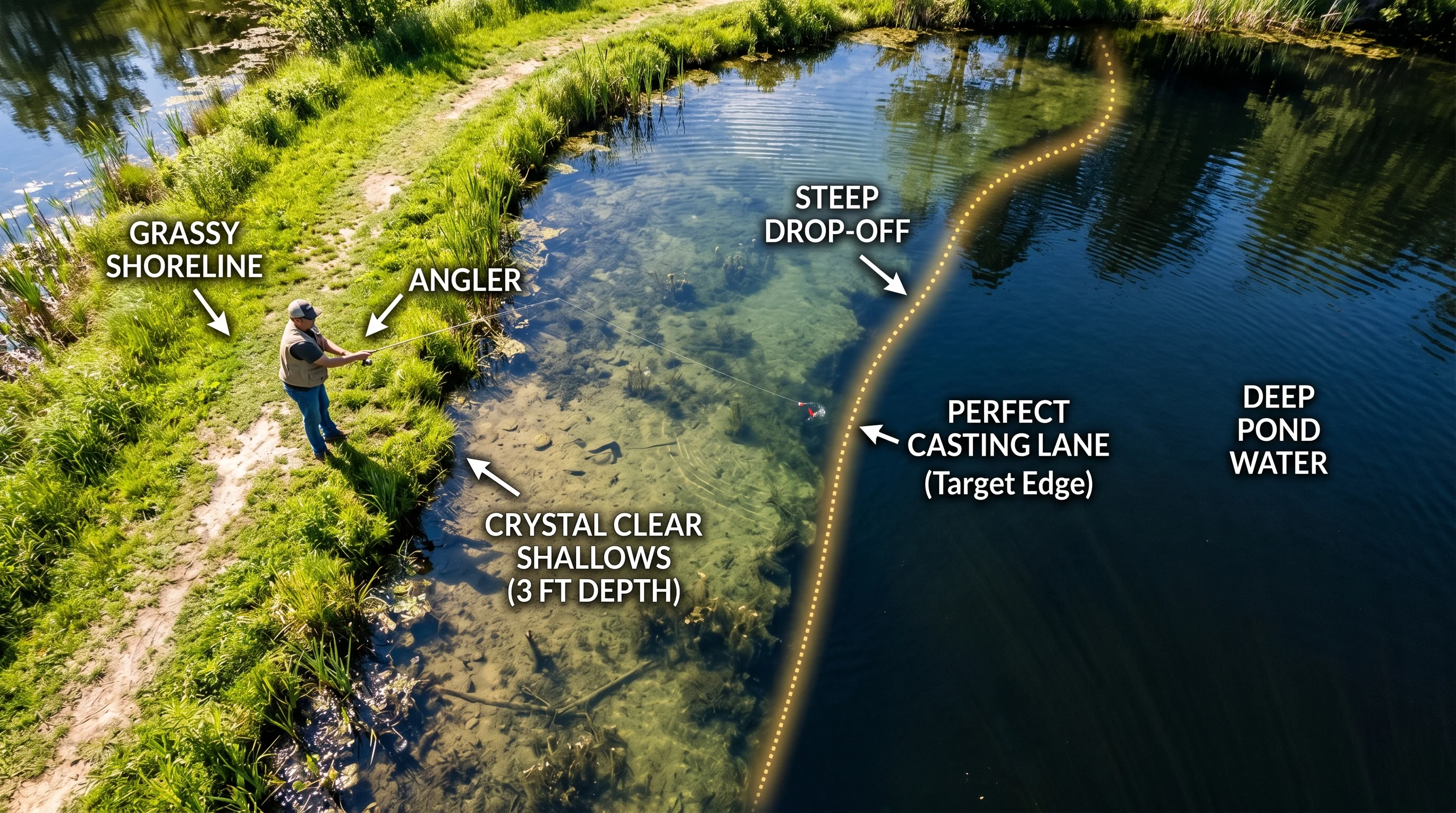 Shoreline topographic diagram explaining casting angles