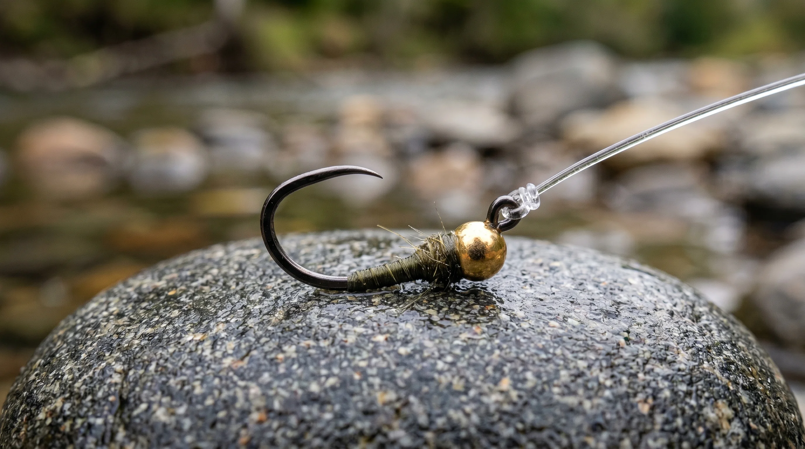 Barbless fly hook pinned clean in a trout upper lip for safe catch and release