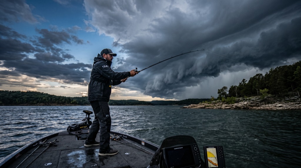 Angler casting from a bass boat into a lake under a dramatic storm front