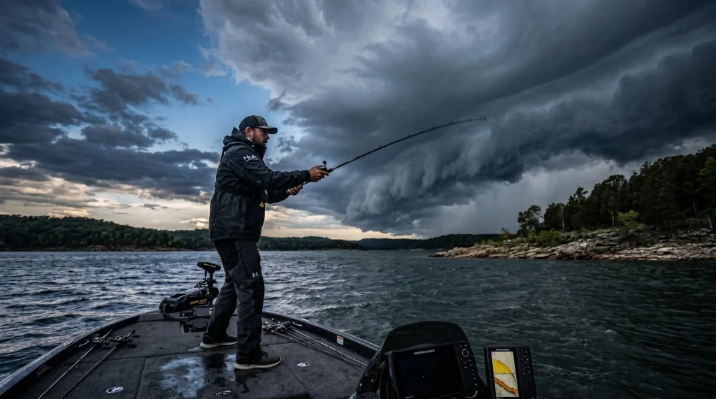 Angler casting from a bass boat into a lake under a dramatic storm front