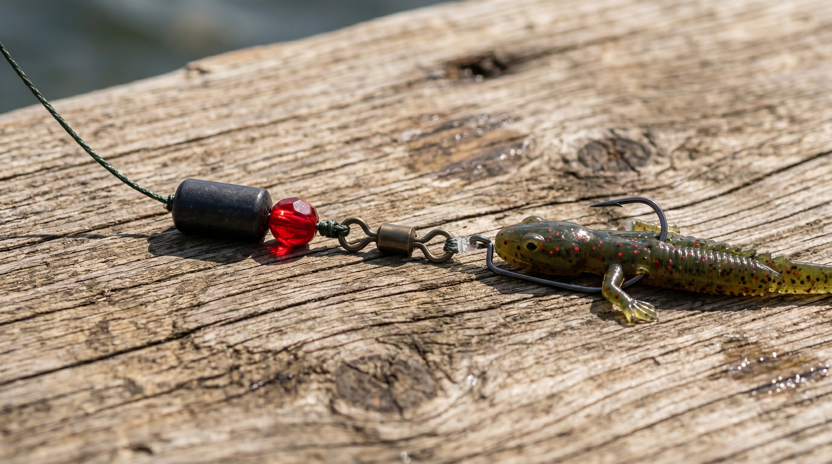Macro detail shot of a tungsten barrel weight and red glass bead on a fluorocarbon leader