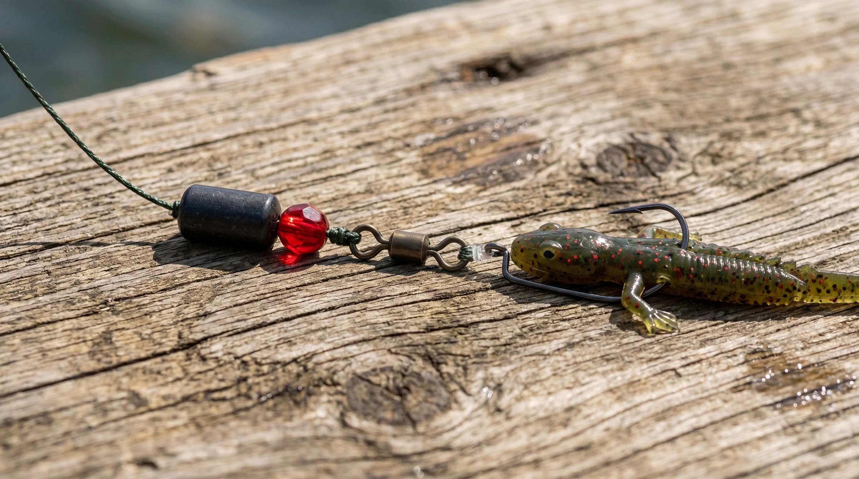 Macro detail shot of a tungsten barrel weight and red glass bead on a fluorocarbon leader