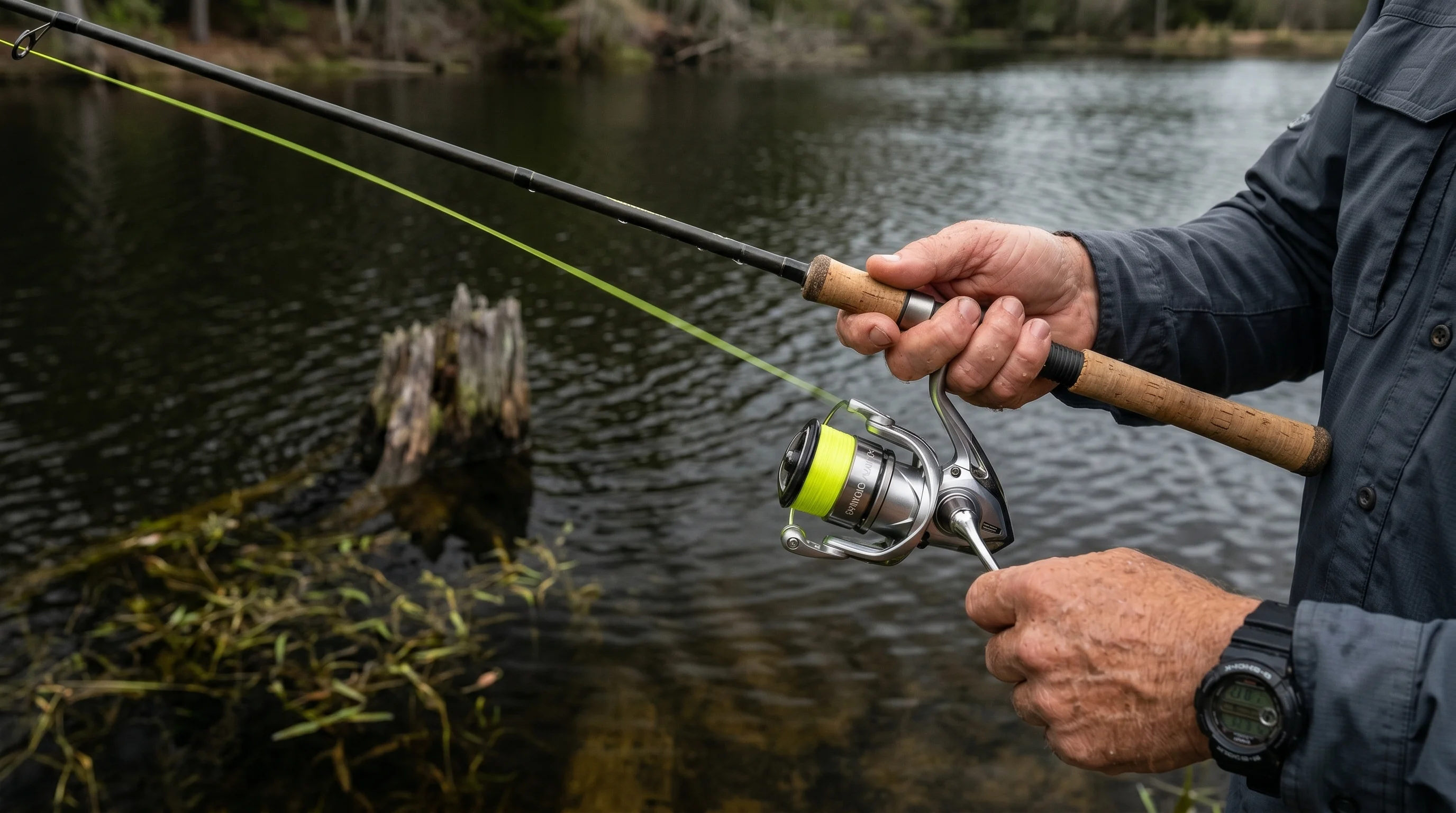 Close-up of ultralight spinning setup near shallow timber stump