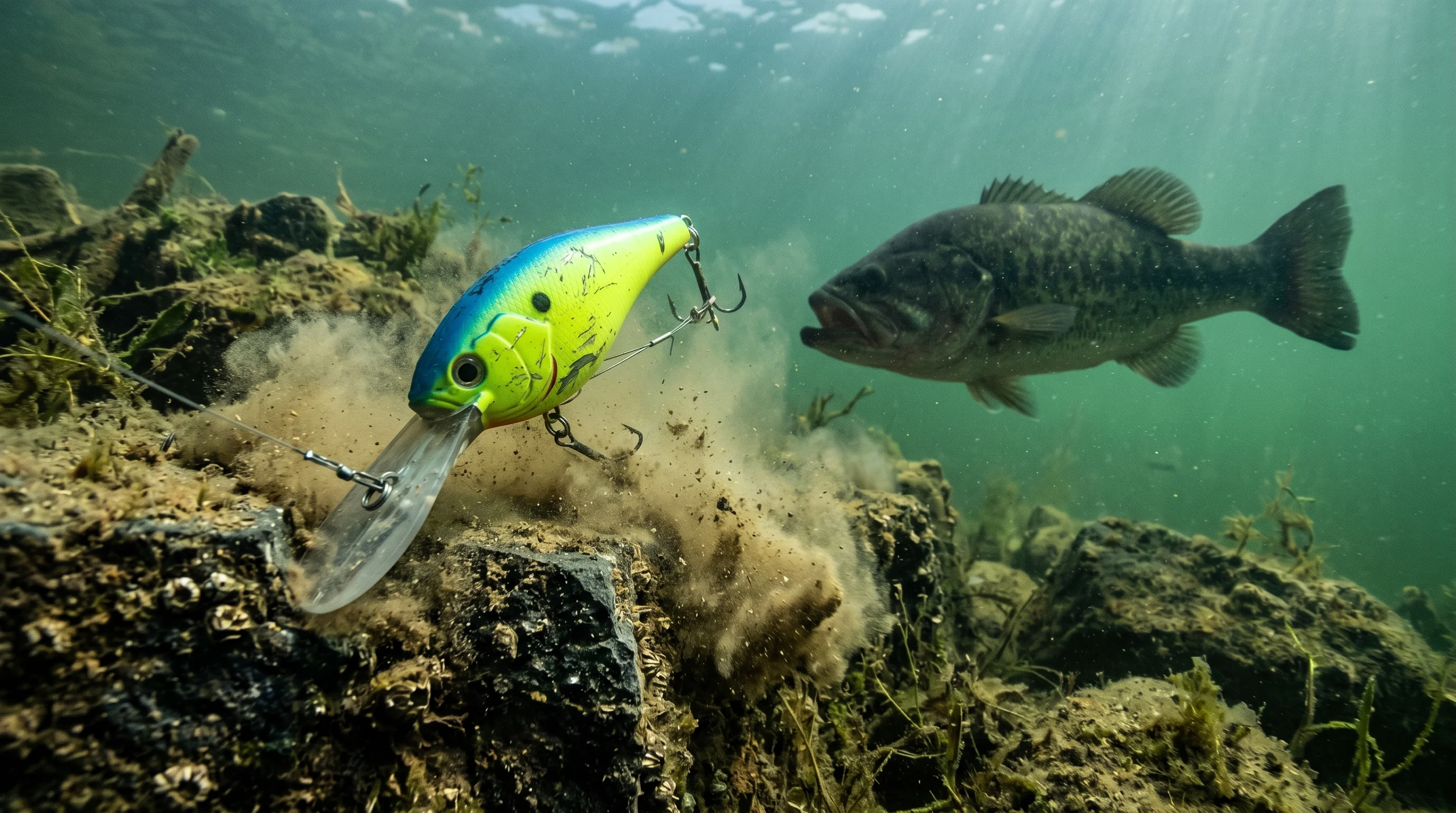 Underwater perspective showing deep diving crankbait in action