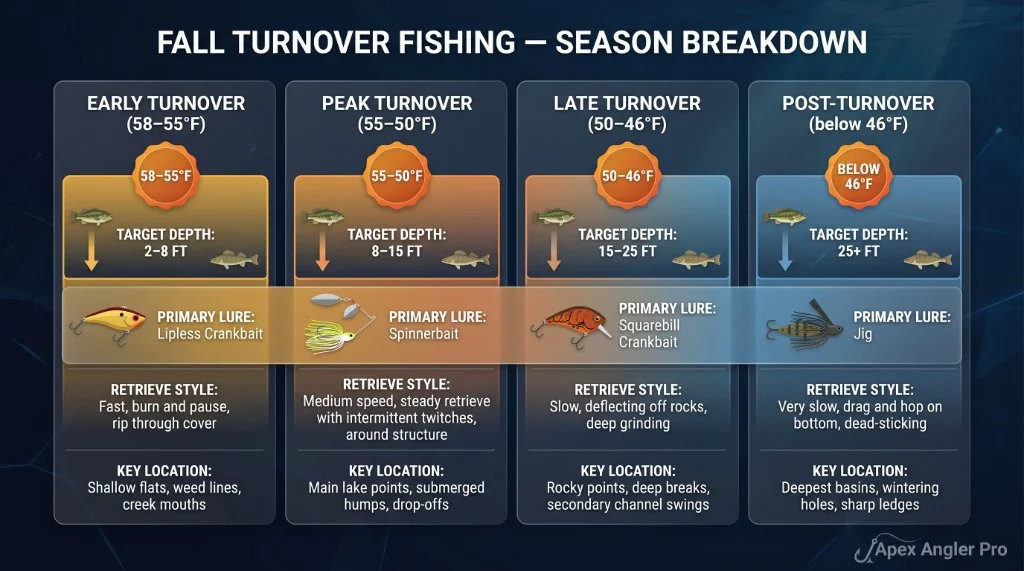 Fall turnover fishing seasonal breakdown infographic comparing early turnover, peak turnover, late turnover, and post-turnover conditions