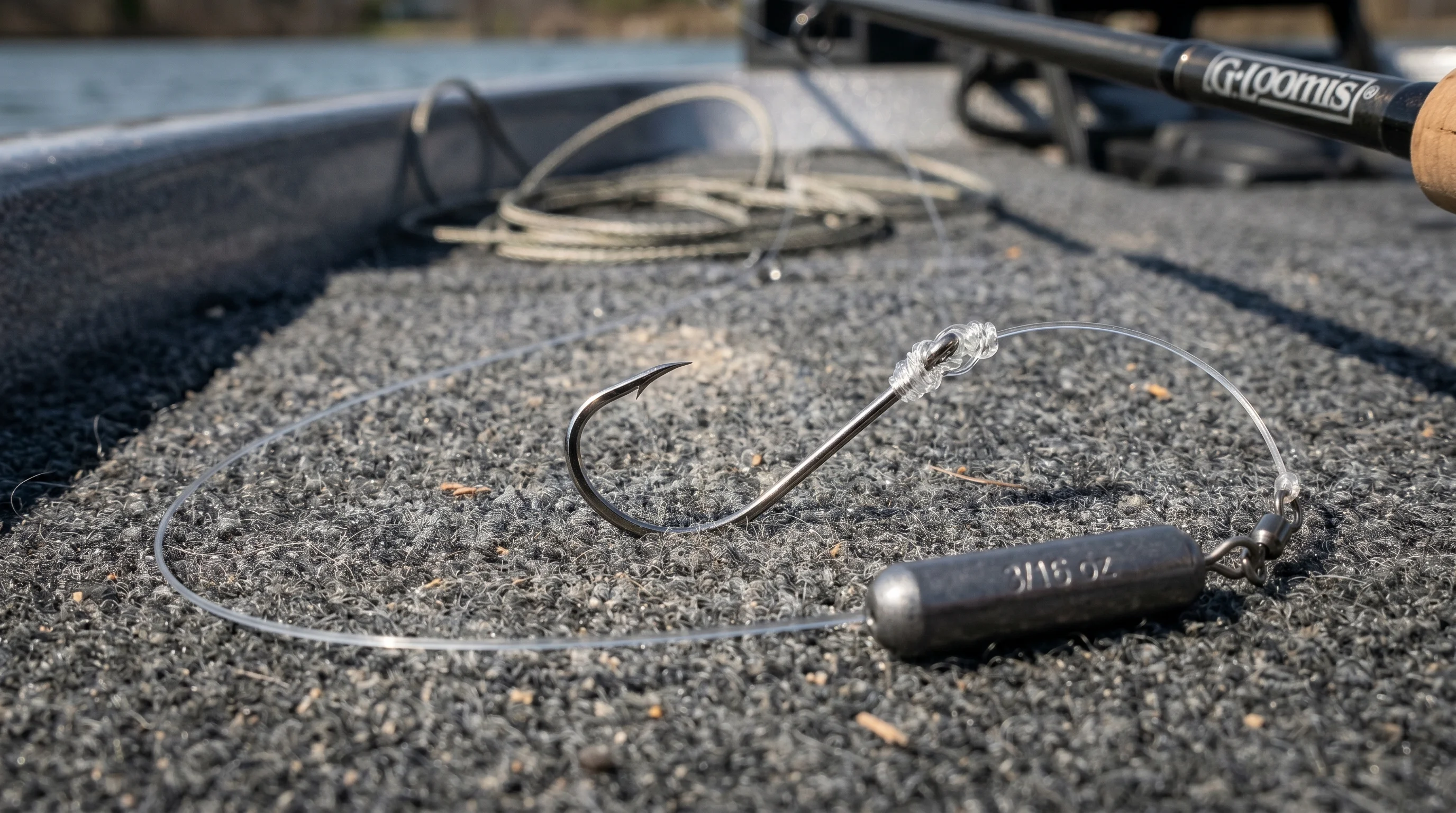 Close-up of a finesse drop shot rig with cylinder tungsten weight and octopus hook