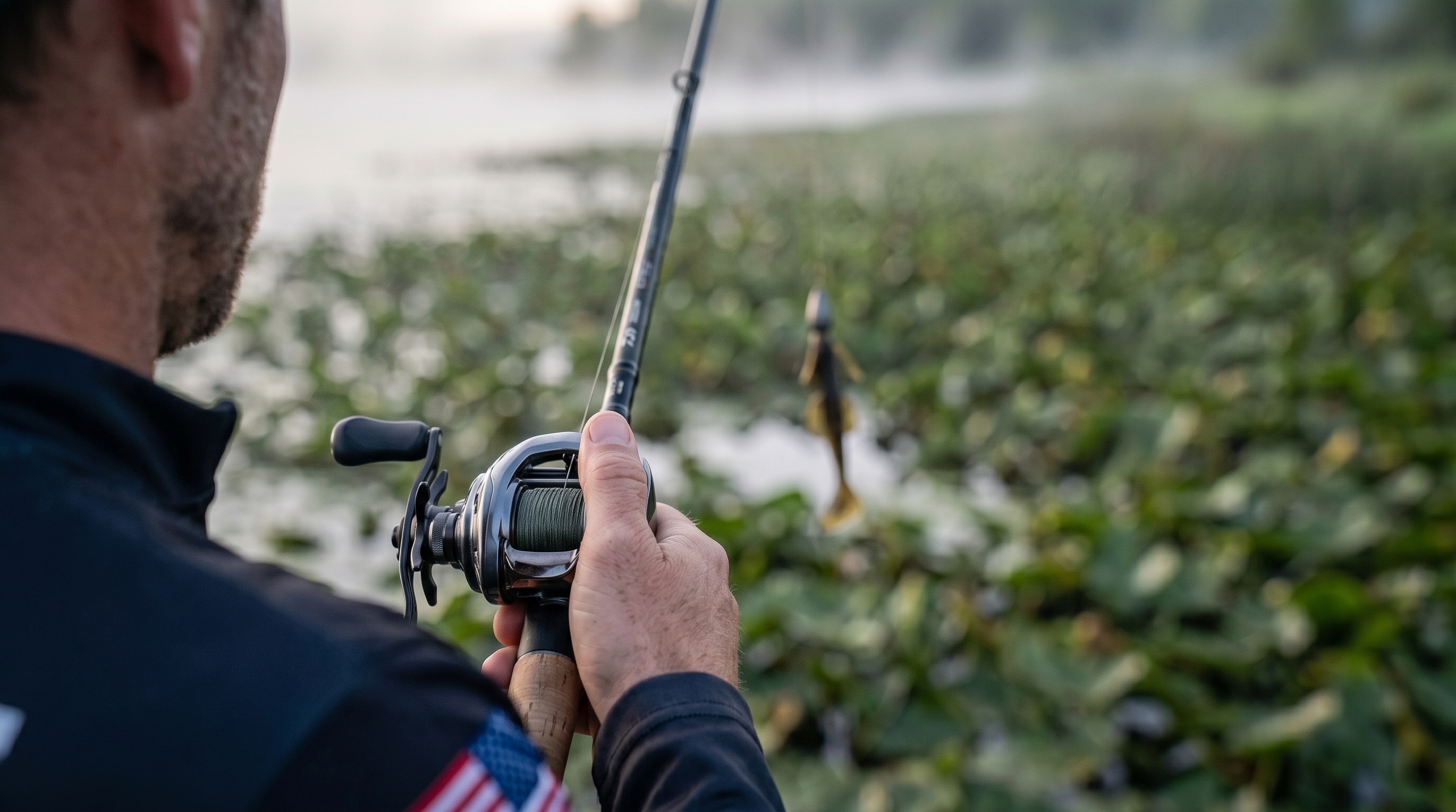 Angler executing a flip cast with a baitcasting reel in tight shoreline cover