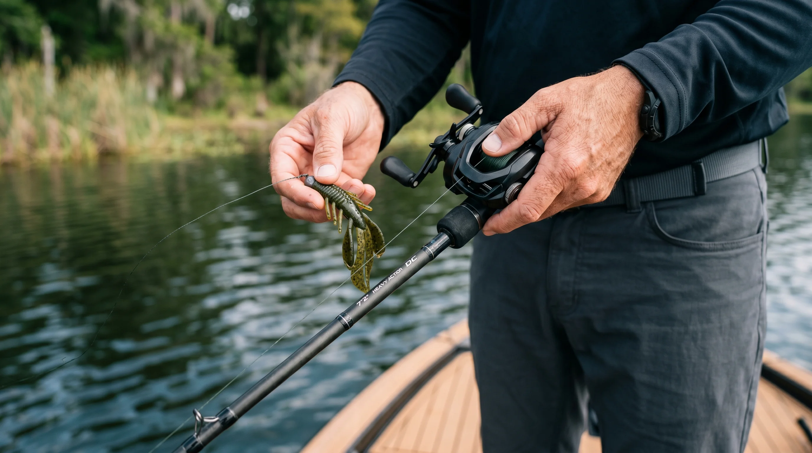 Angler holding Heavy Action casting rod and creature bait to pitch