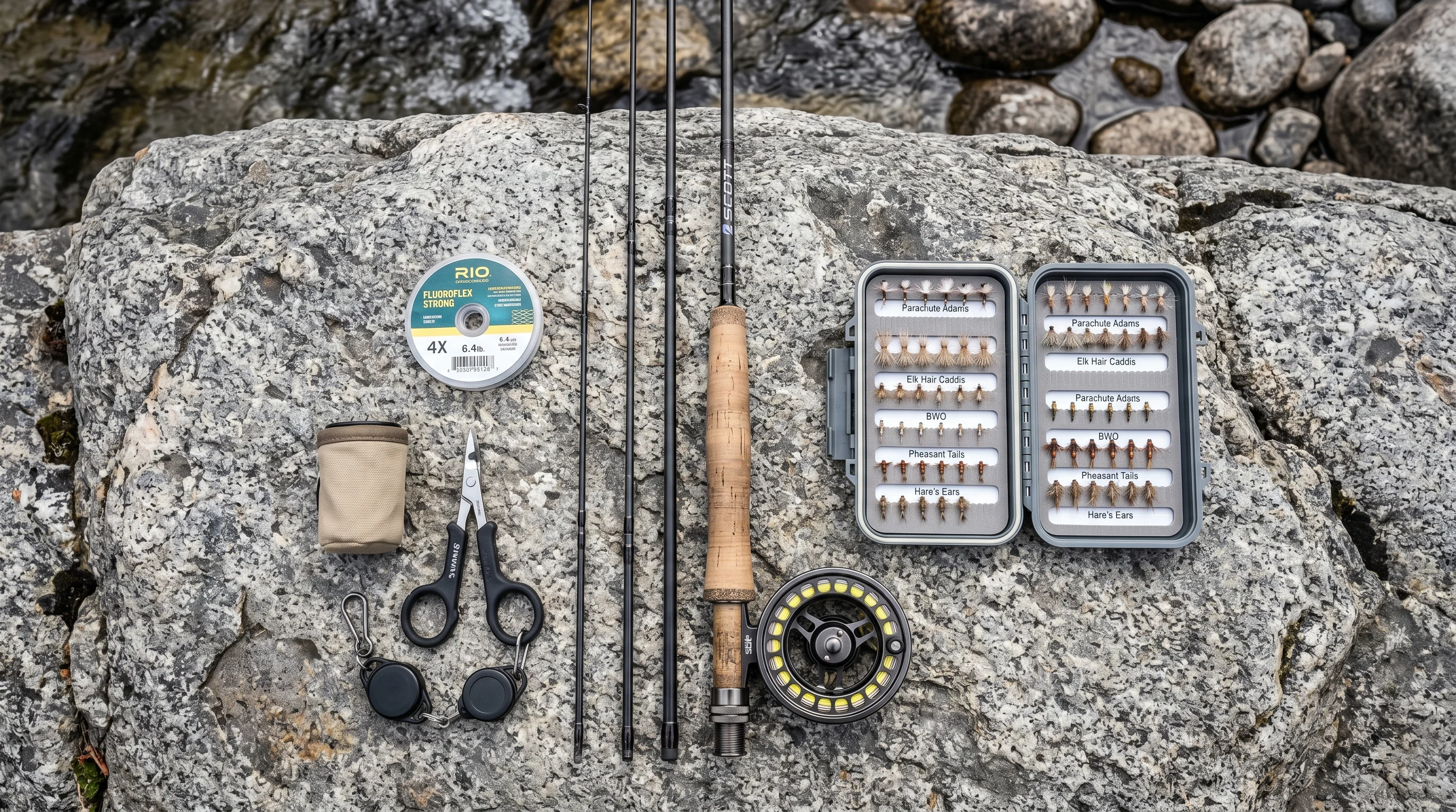 Fly fishing rod, reel, weight-forward floating line, leaders, and custom-tied dry flies arranged on a wooden table