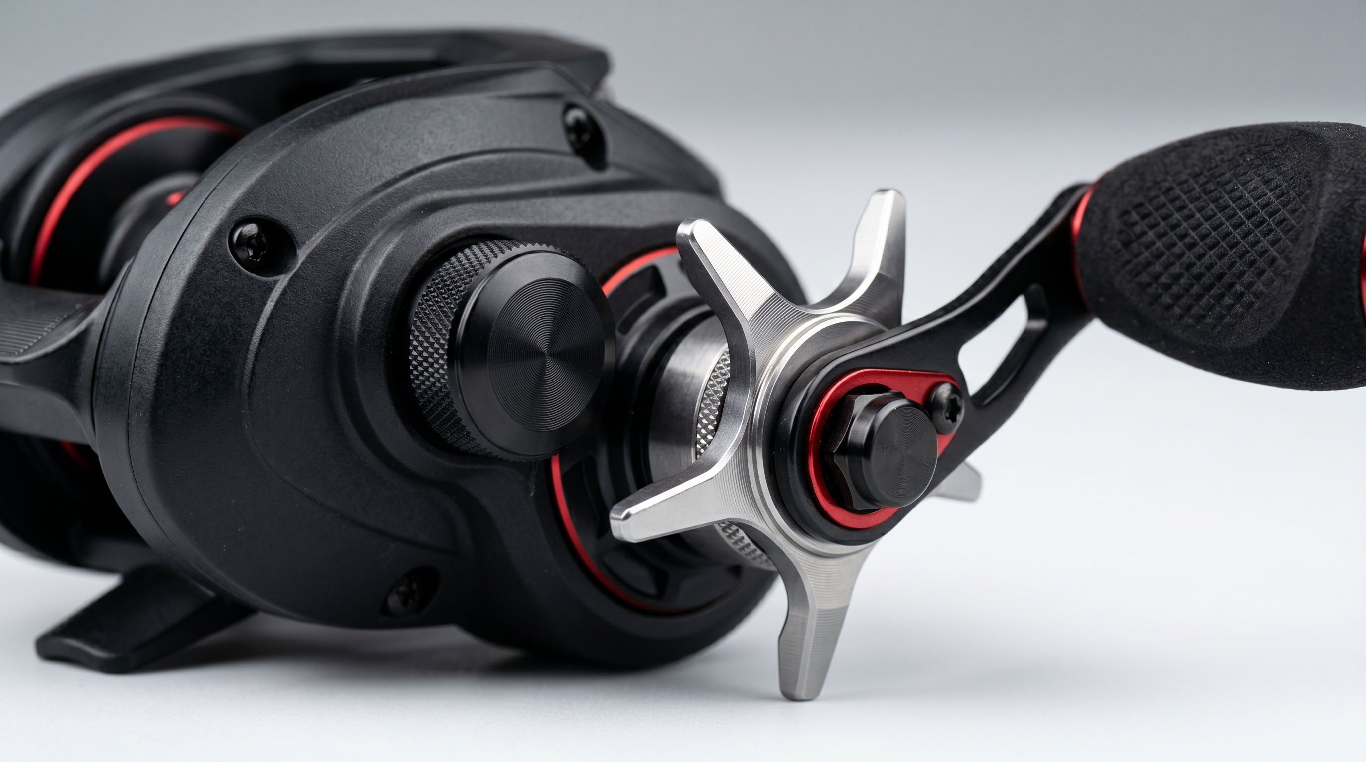 Close-up of the KastKing MegaTron aluminum frame and brass gears