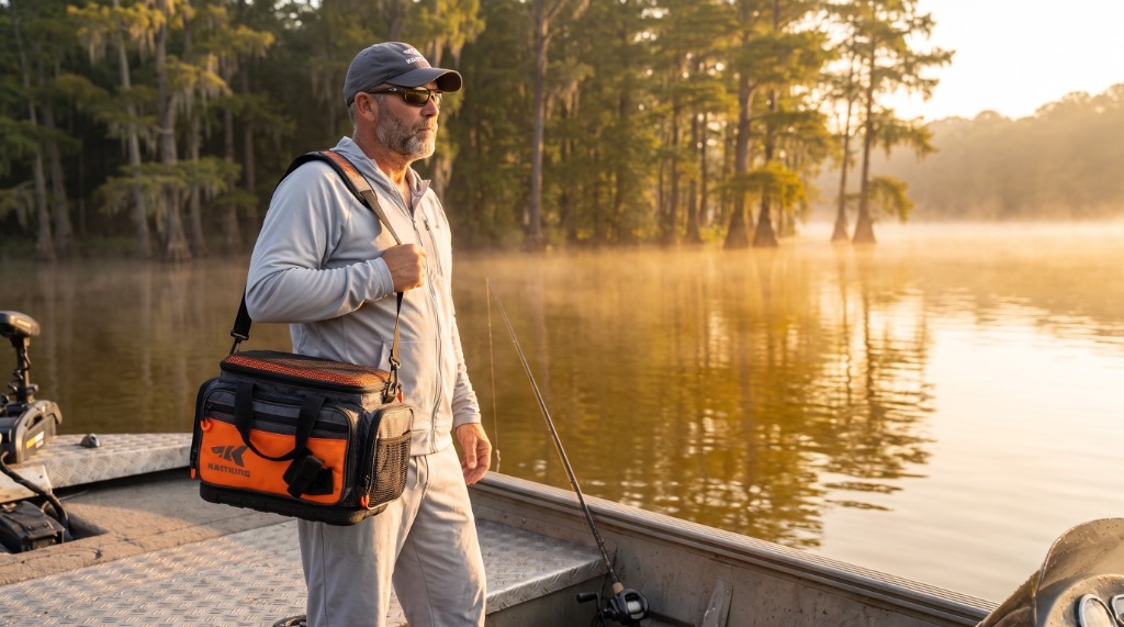 Marcus Thorne carrying the KastKing Fishing Tackle Bag loaded with 3600 trays on an aluminum bass boat deck at Lake Guntersville