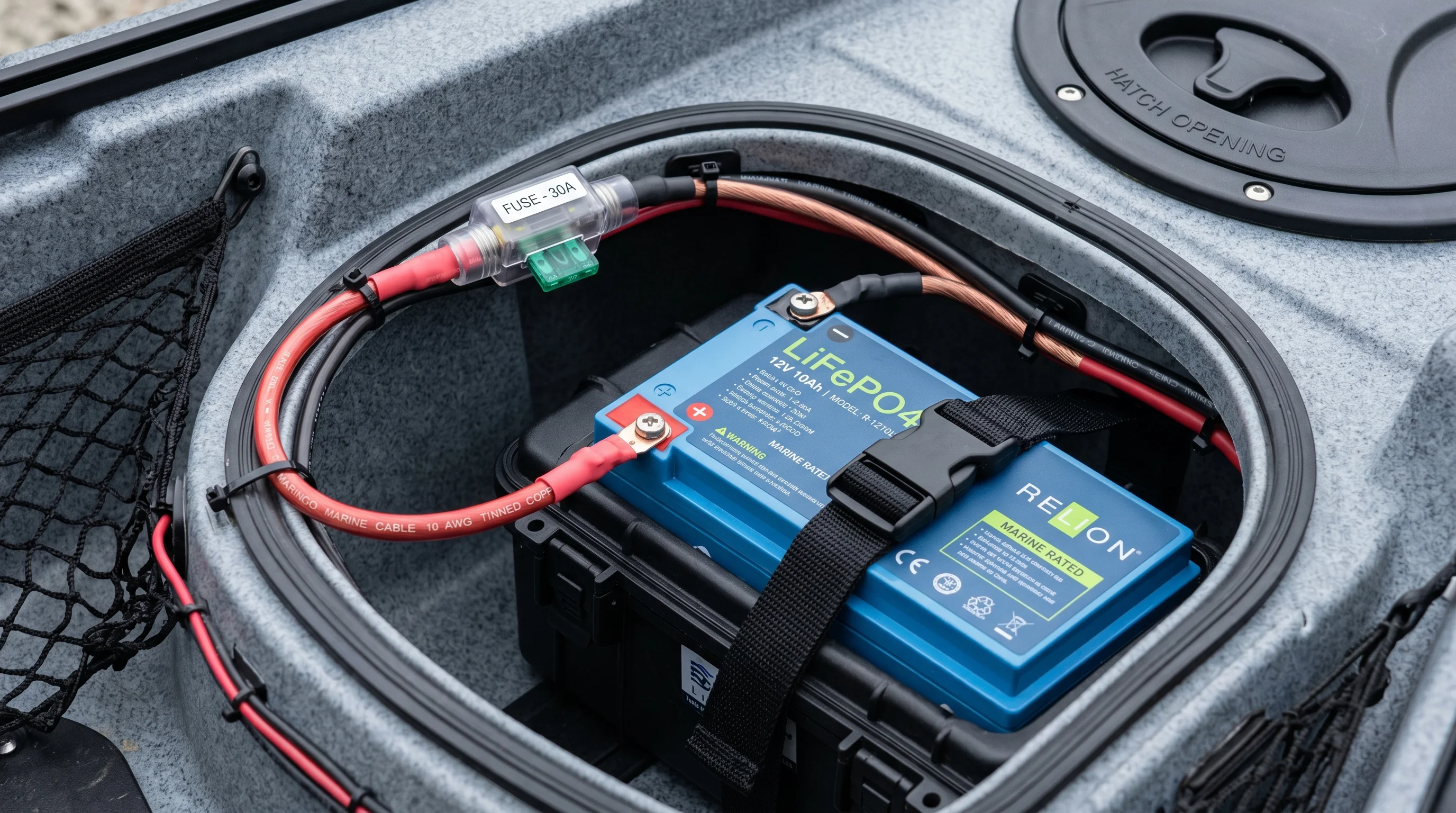 Marine-grade battery box setup inside a front hatch with LiFePO4 battery