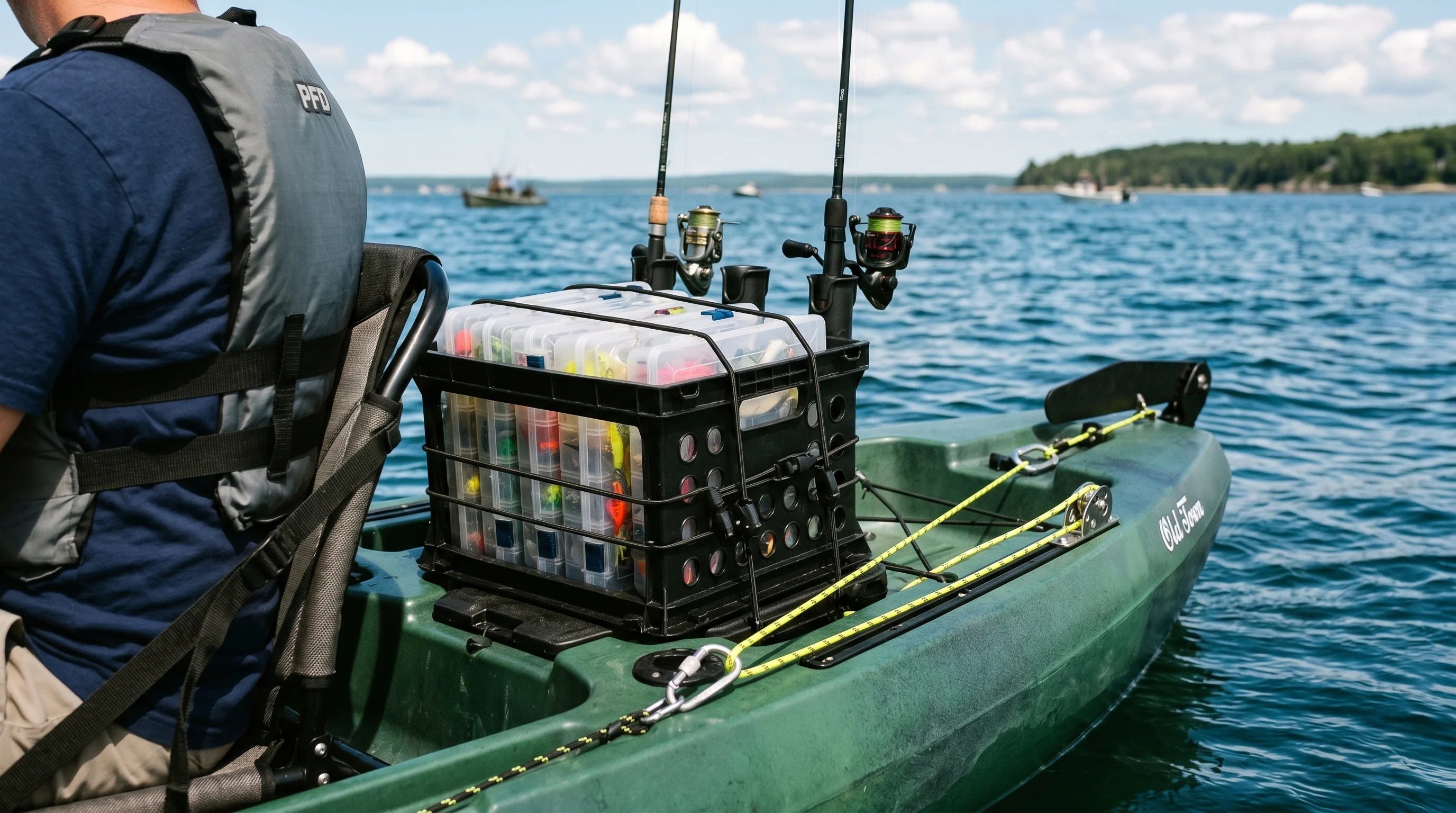Organized rear tankwell showcasing tackle crate and anchor trolley