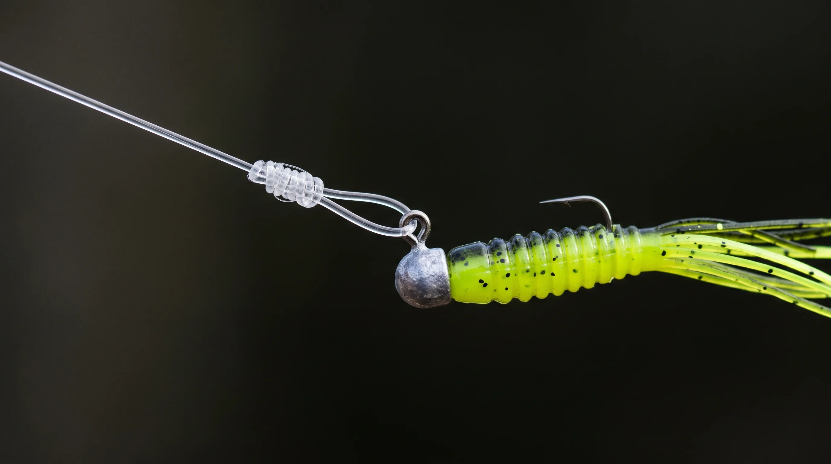 Macro photography of 1/32 oz crappie jig rigged on non-slip loop knot