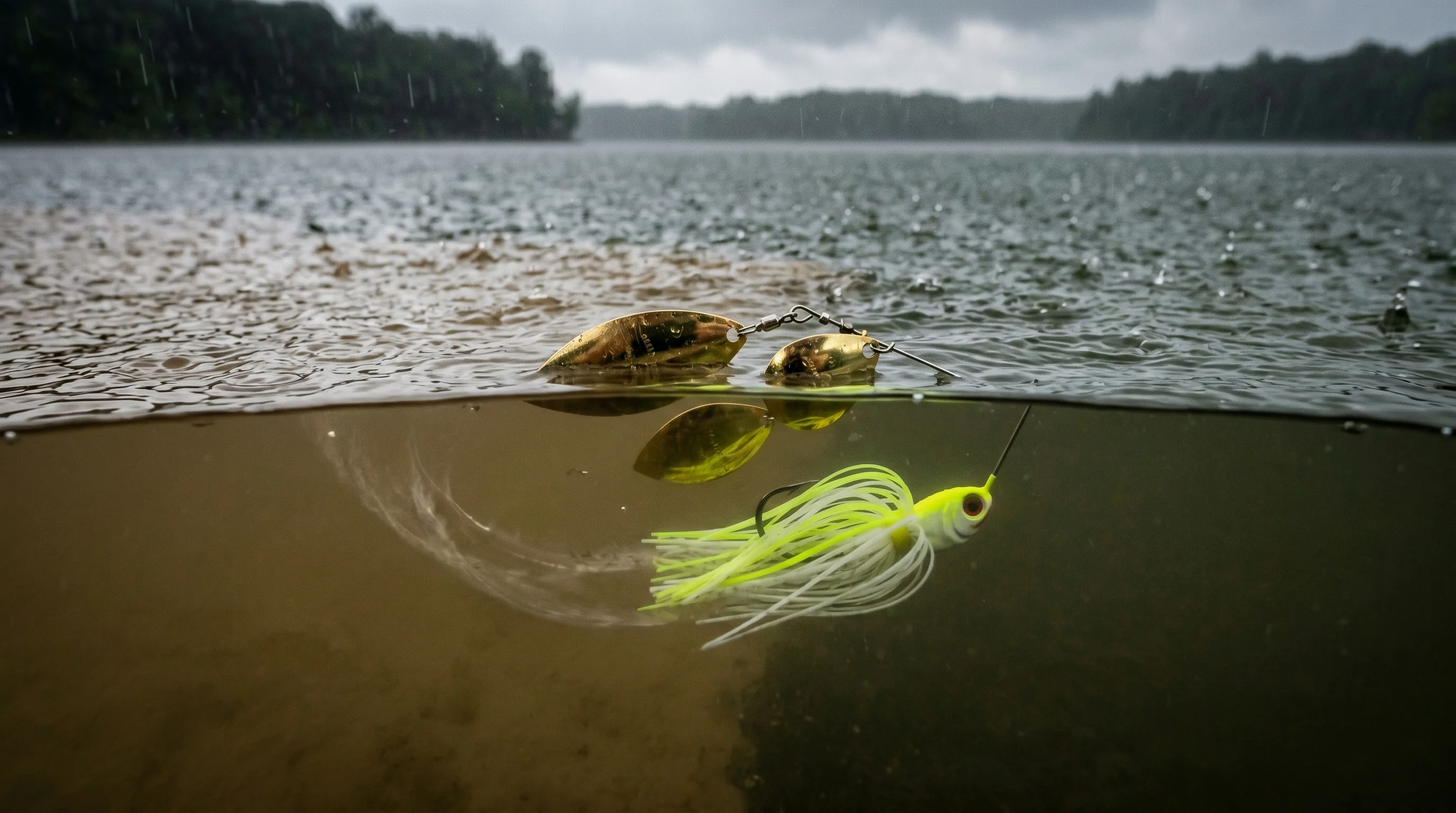 Split underwater surface view of spinnerbait running along mudline in rain