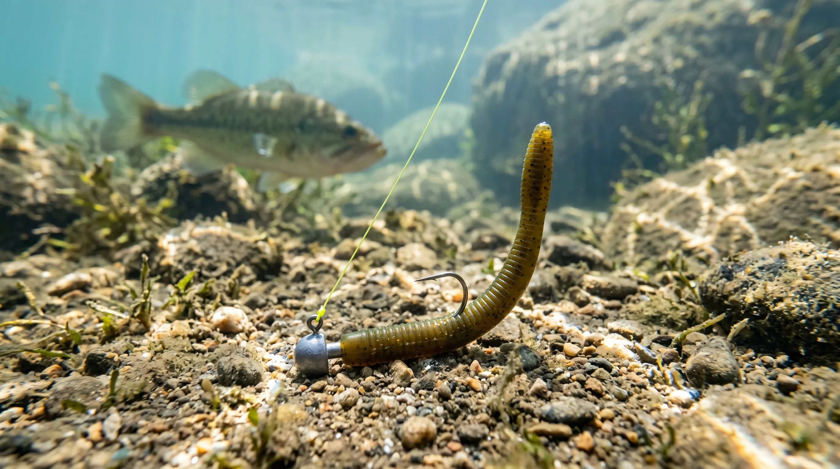 Underwater view of a Ned rig standing vertically on the lake bottom with the buoyant tail upright