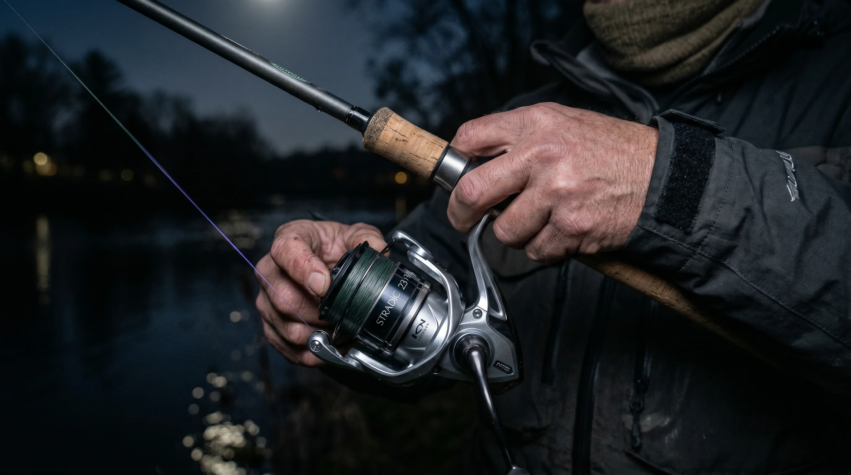 Angler rigging a heavy line for night fishing under red light