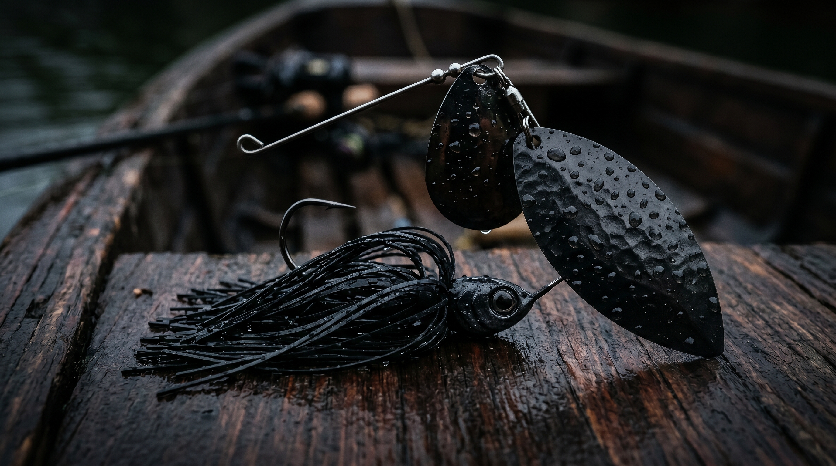 Macro close-up of a black Colorado spinnerbait lure for night bass fishing