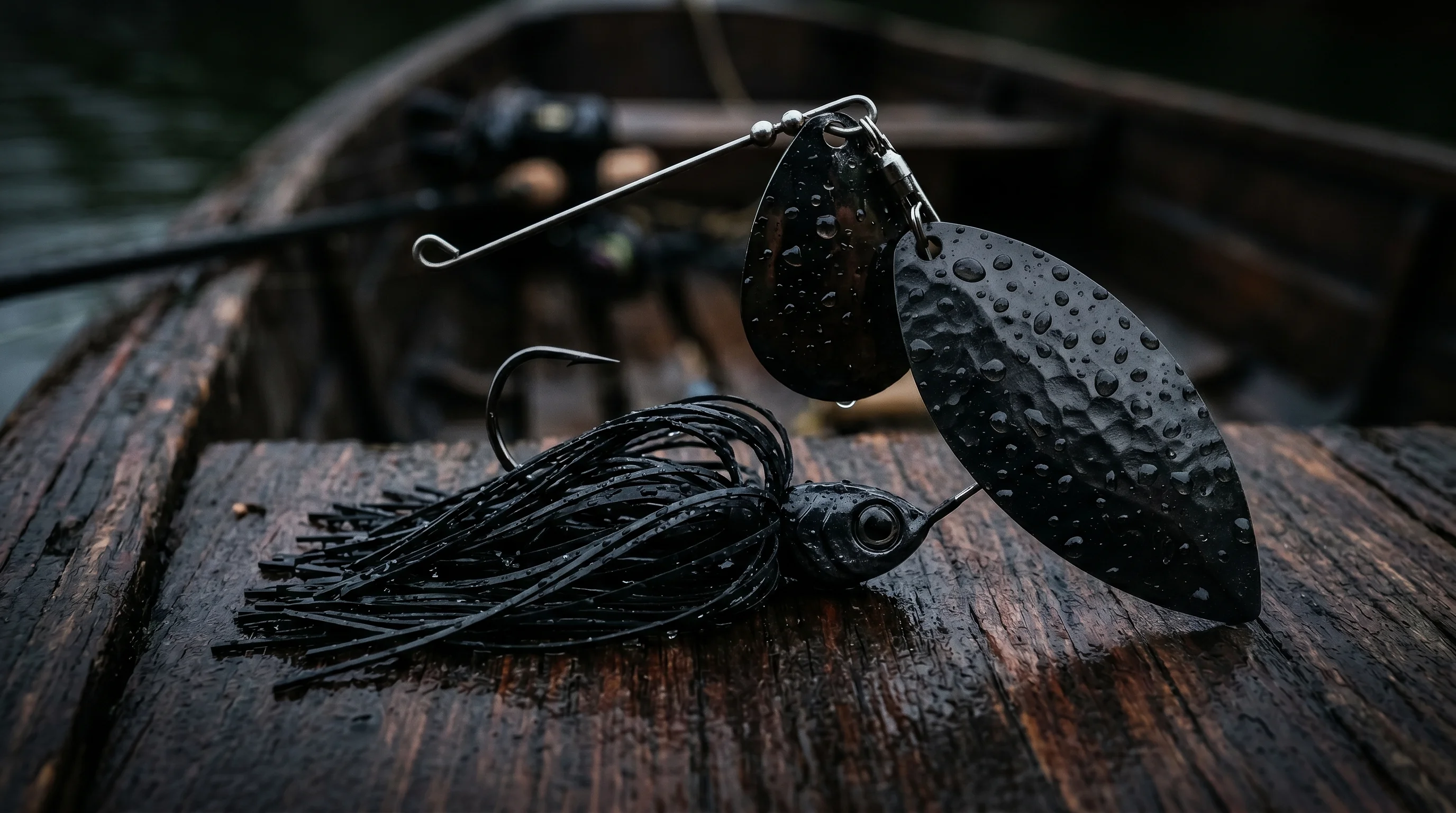 Macro close-up of a black Colorado spinnerbait lure for night bass fishing