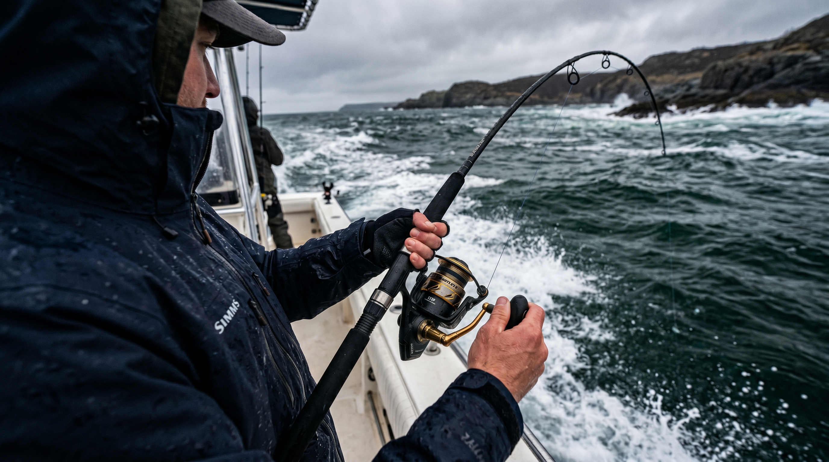 Penn Battle IV action field test on the water over the shoulder view
