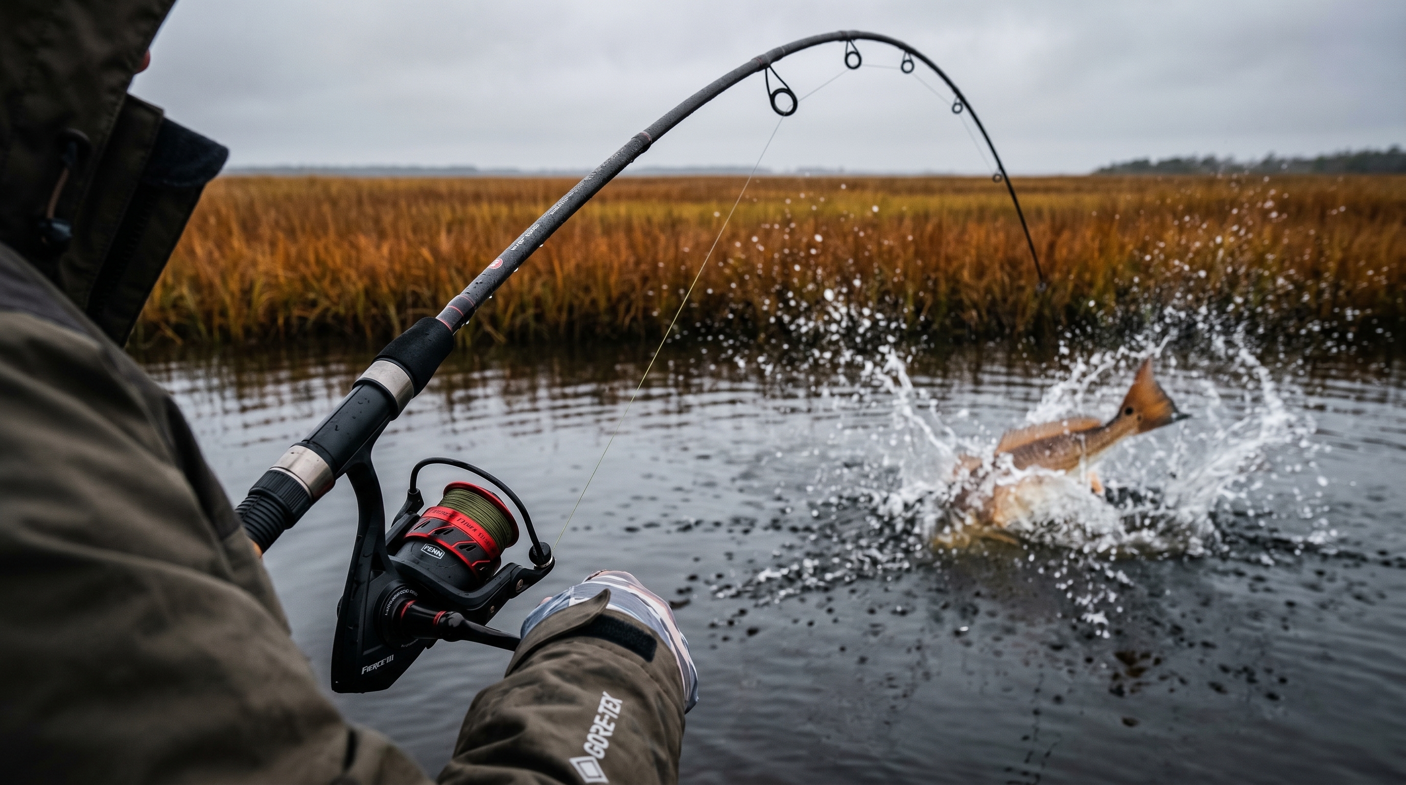 Penn Fierce III 2000 action shot showing bent rod fighting fish in marsh