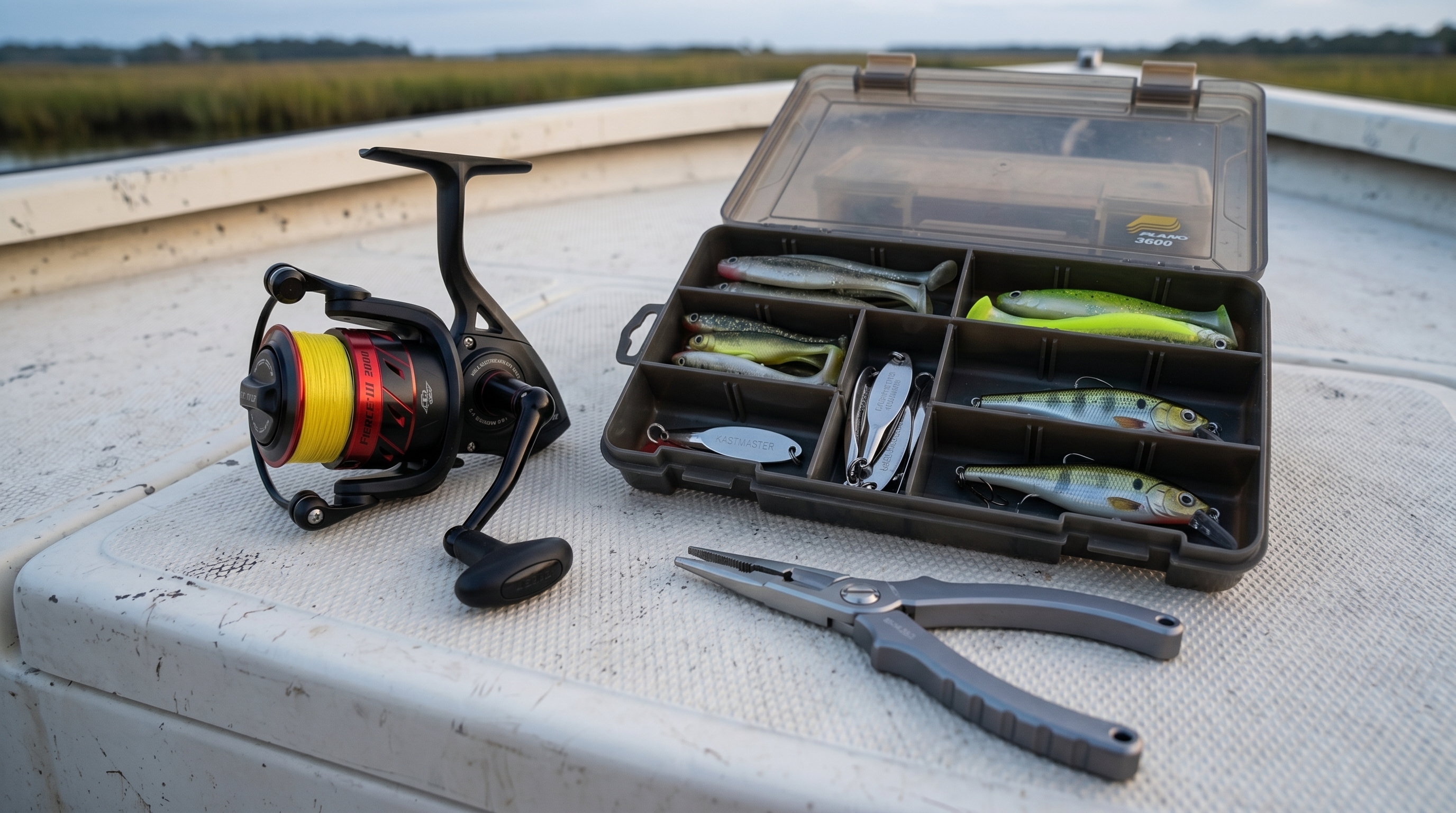 Penn Fierce III 2000 spinning reel on boat deck next to tackle box and pliers