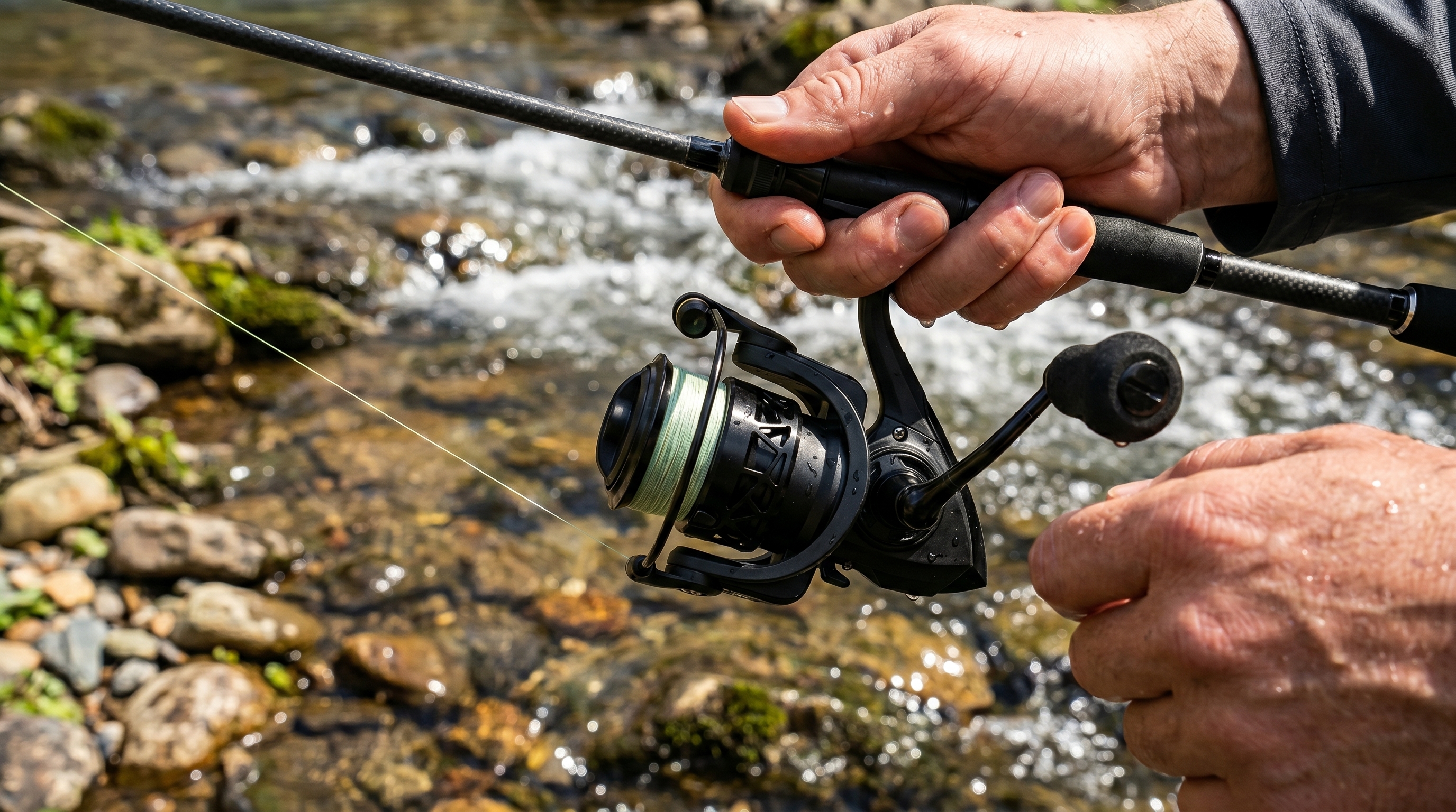 Angler fighting fish using Piscifun Carbon X spinning reel in current