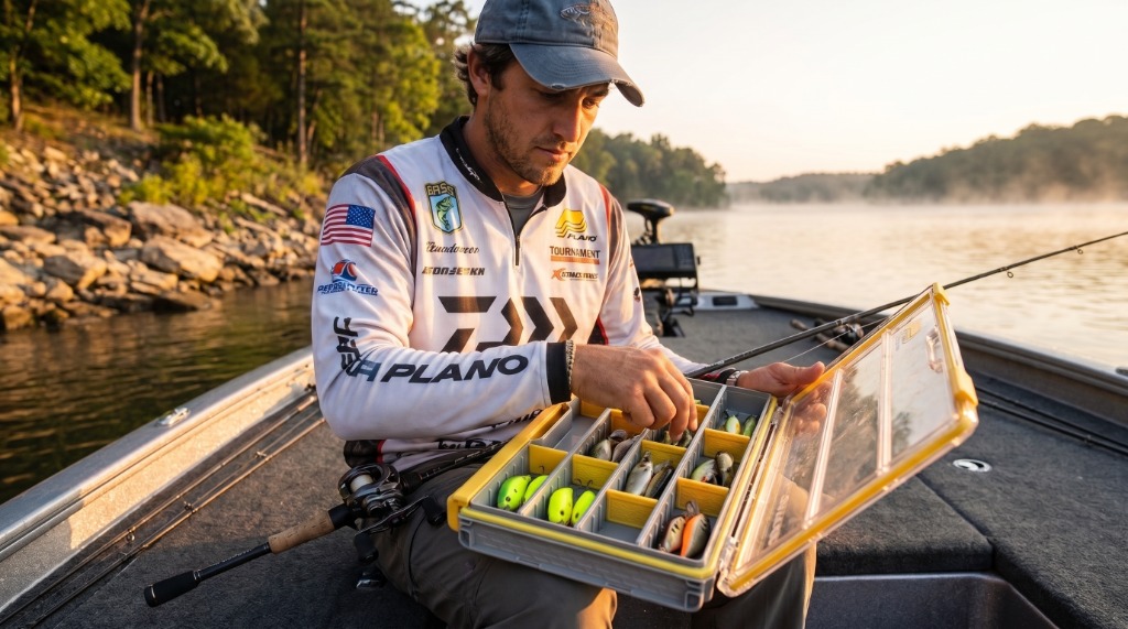 Tyler Vance inspecting Plano EDGE Flex 3700 tackle box on a bass boat deck loaded with crankbaits and reaction lures