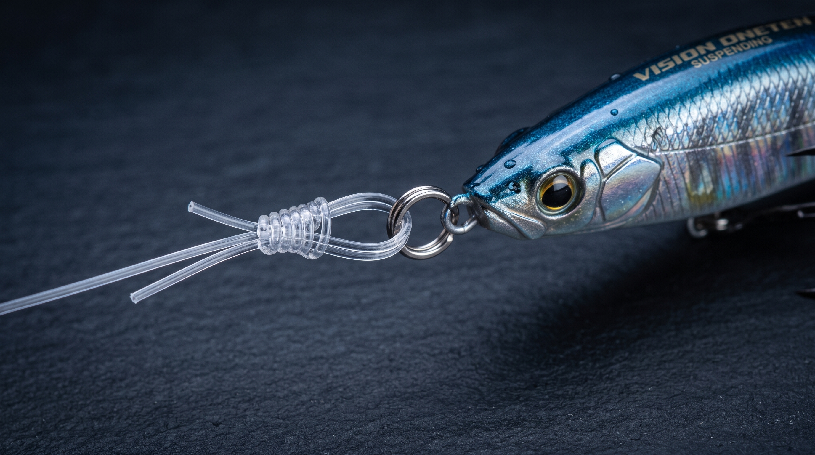 Macro close-up of a Megabass Vision Oneten suspending jerkbait tied to clear line with a Non-Slip Mono Loop Knot