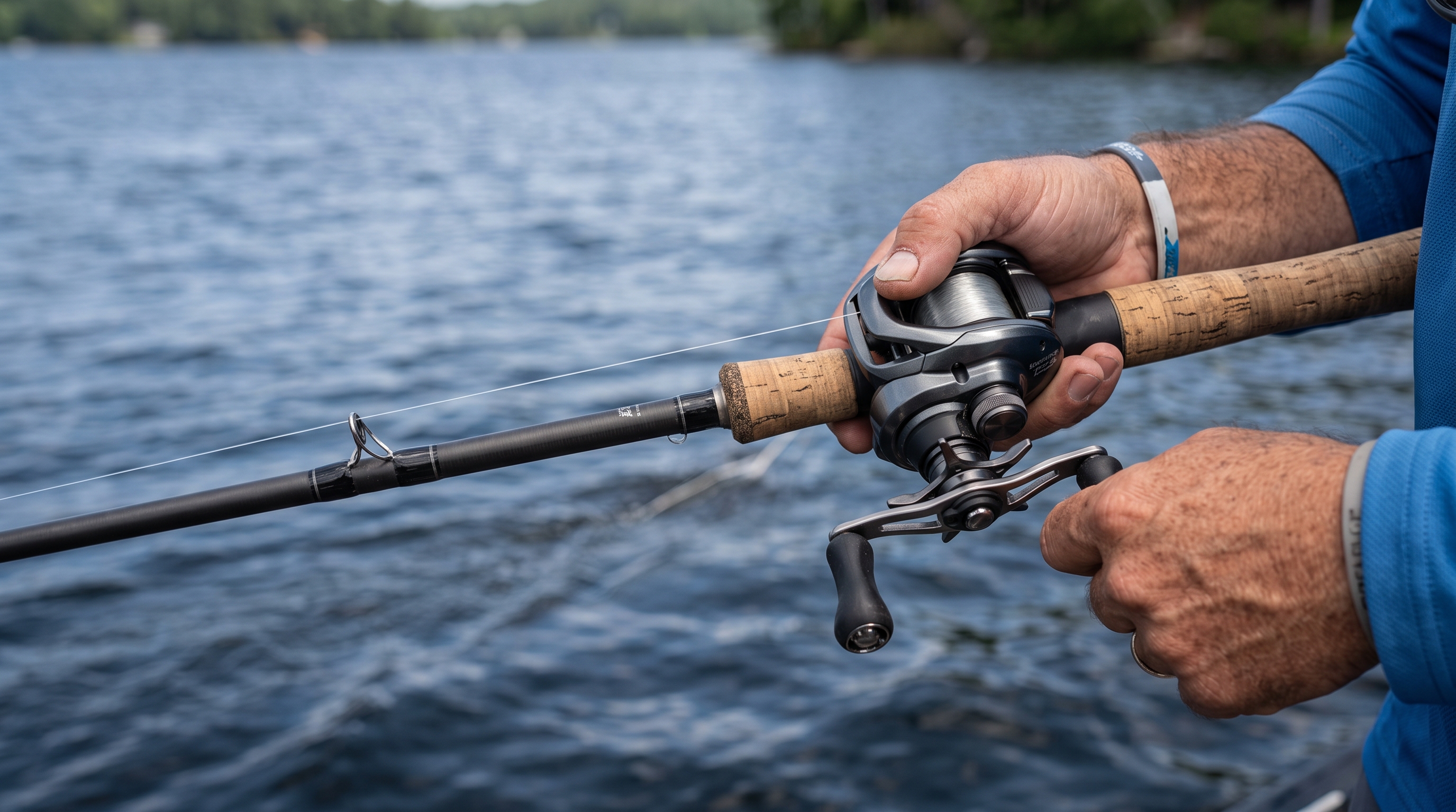 Angler holding a baitcasting rod and reel spool with clear line over open blue water