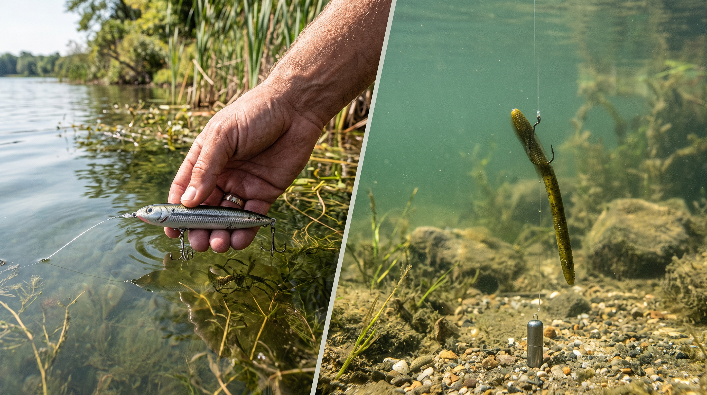 Fishing leader application: monofilament on topwater plug and fluorocarbon on drop shot rig