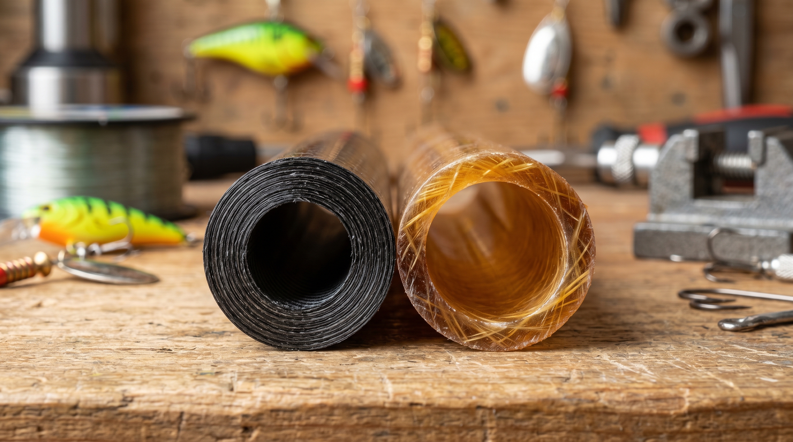 Macro close up of graphite and fiberglass rod blank materials