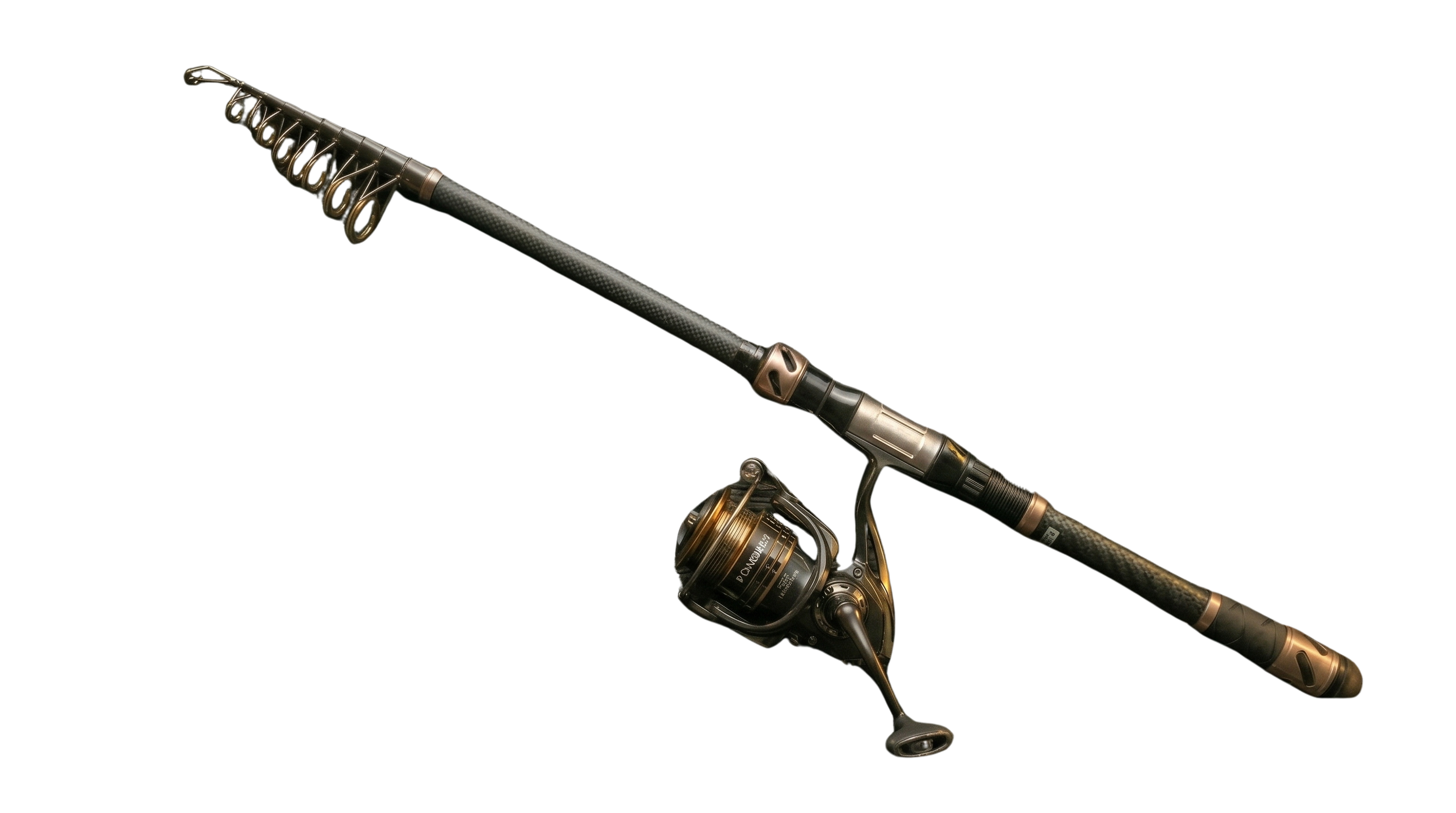 Premium fishing rod and reel combo flatlay on wooden table