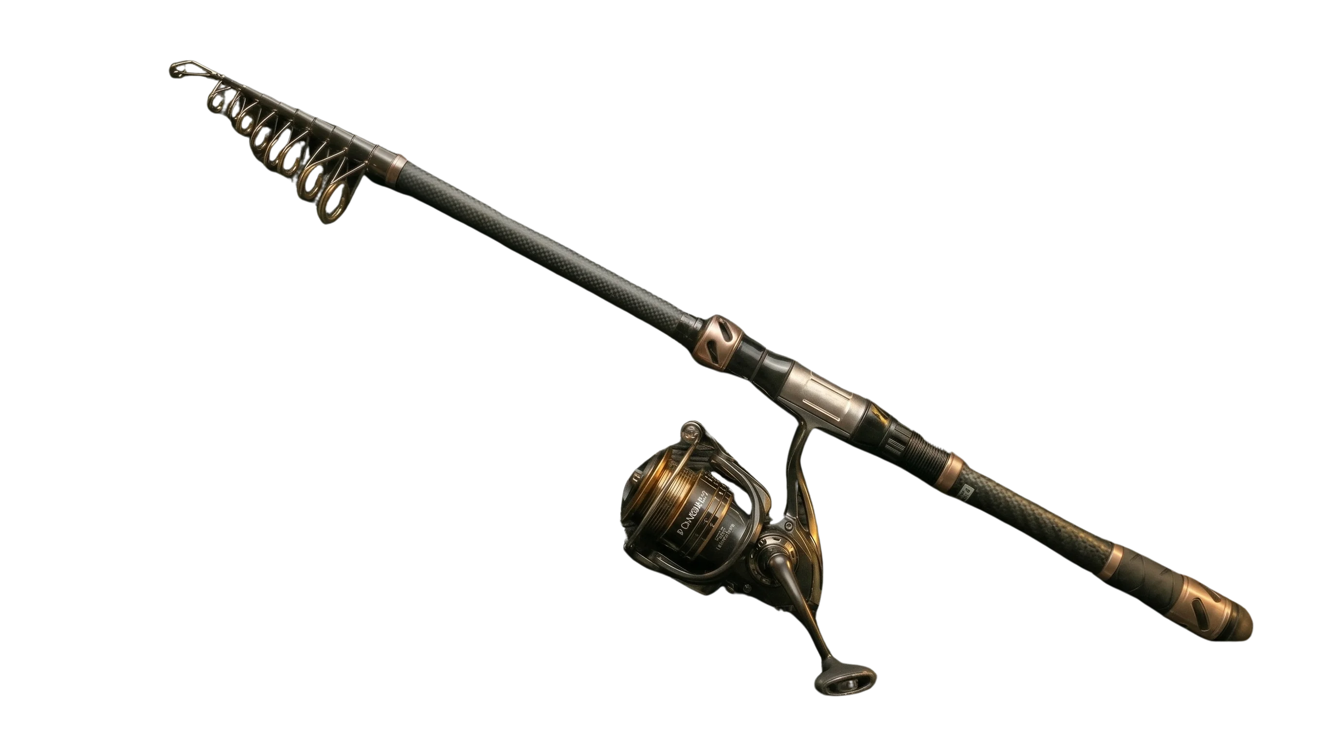 Premium fishing rod and reel combo flatlay on wooden table