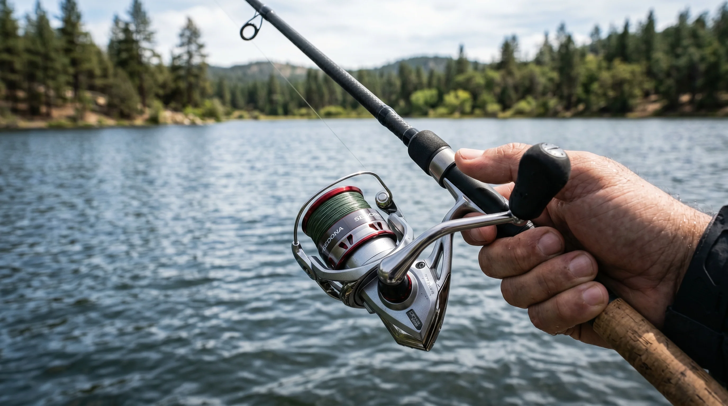 Shimano Sedona FI spinning reel mounted on a light tackle spinning rod