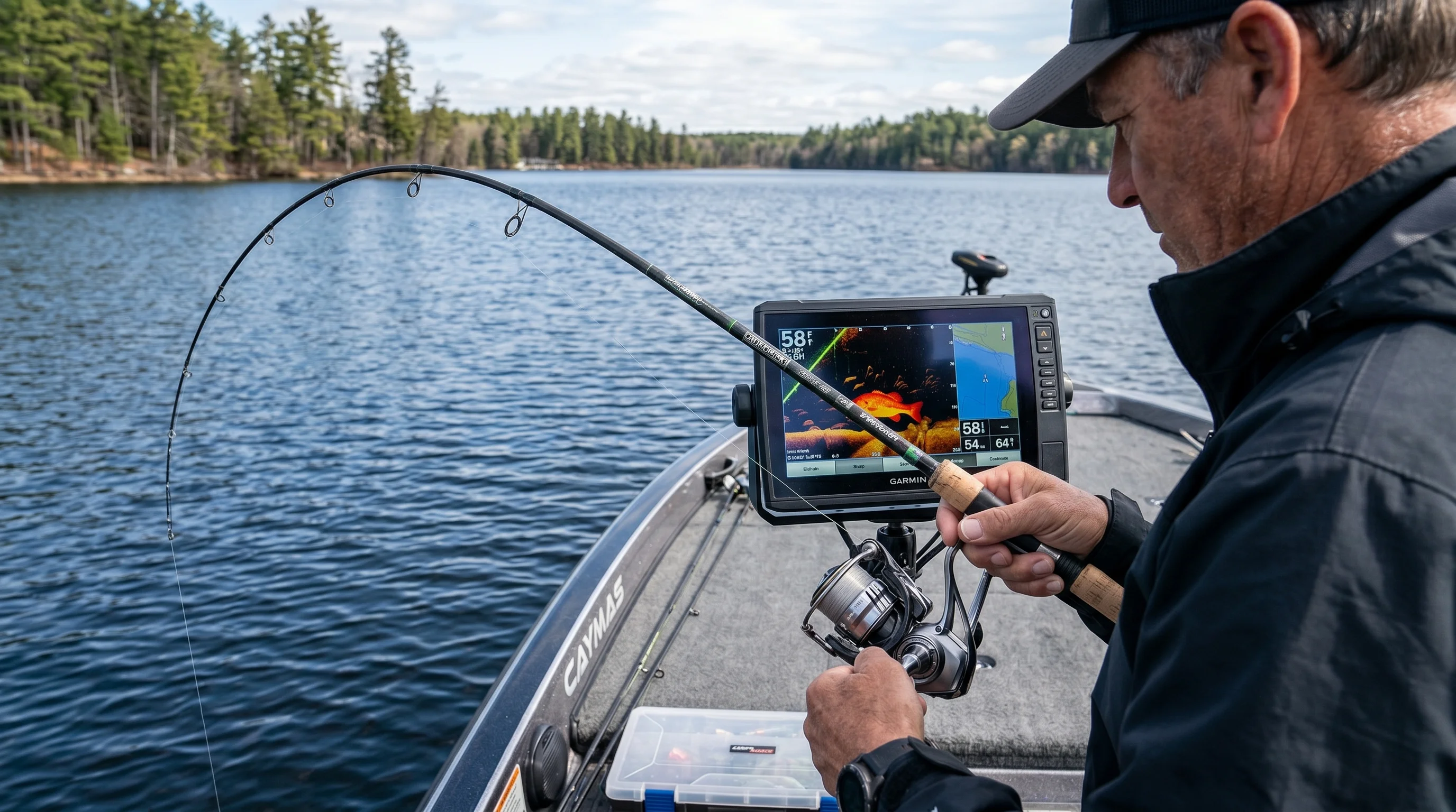 Angler looking at fish finder display mounted on boat console