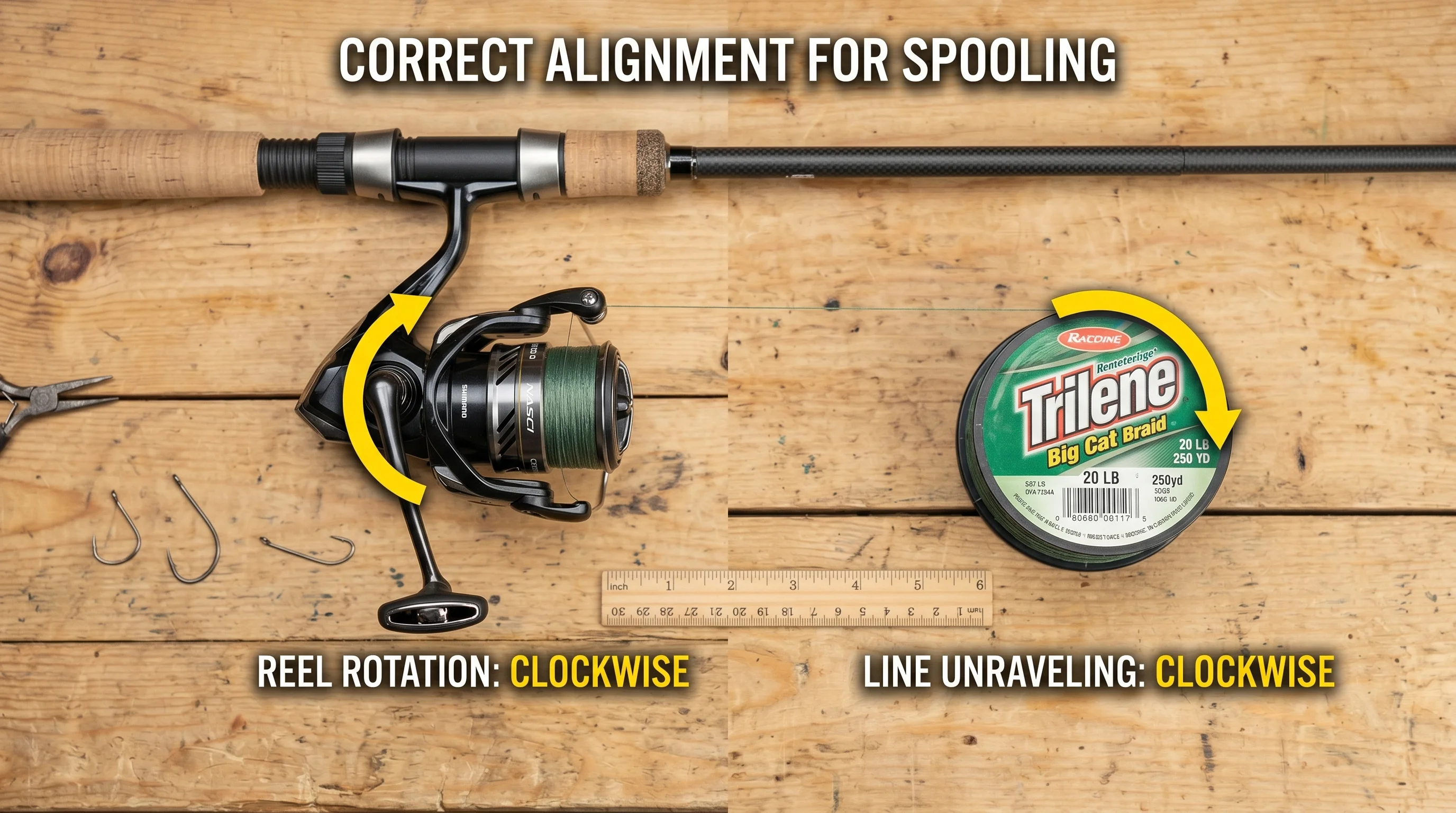Top-down view of spinning reel spool with monofilament backing and braided line