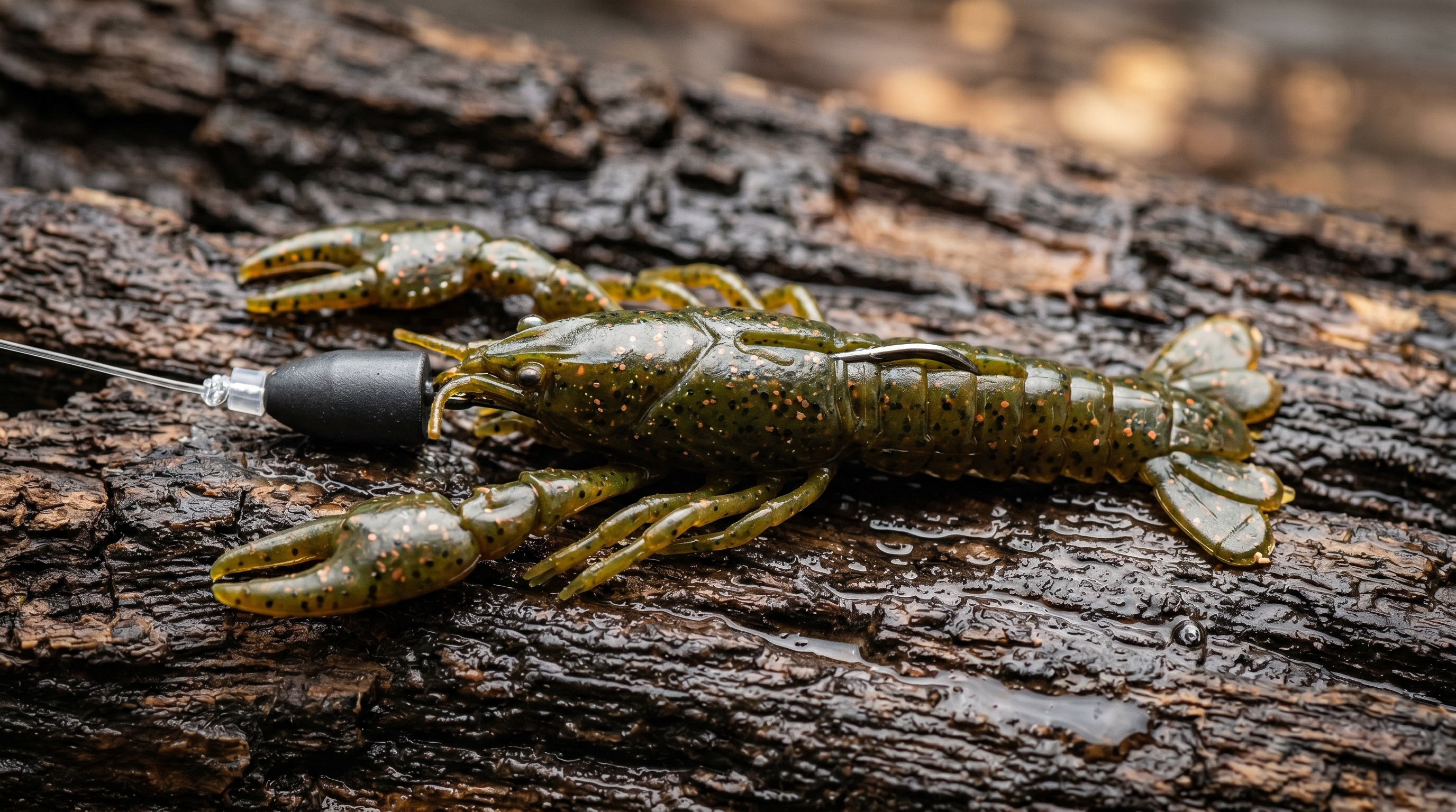 Texas-rigged craw soft plastic resting on a wet log structure