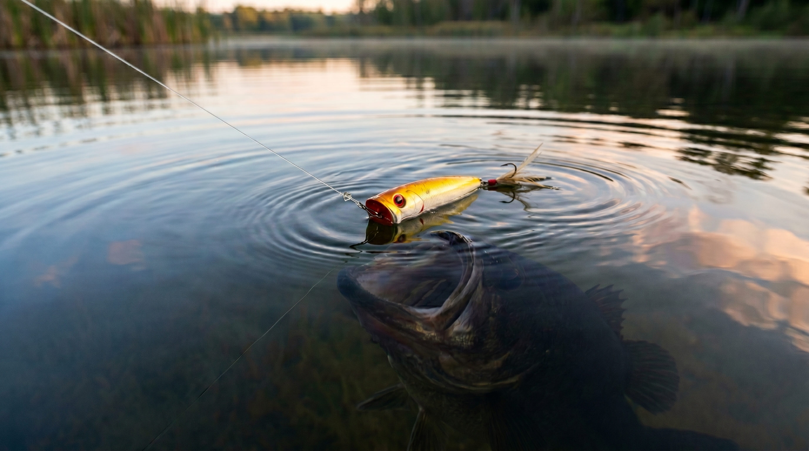 Lure at the surface with bass mouth opening for the strike