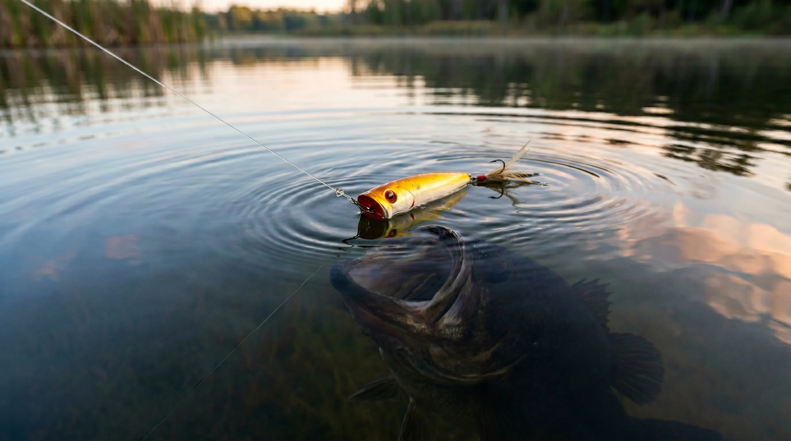 Lure at the surface with bass mouth opening for the strike