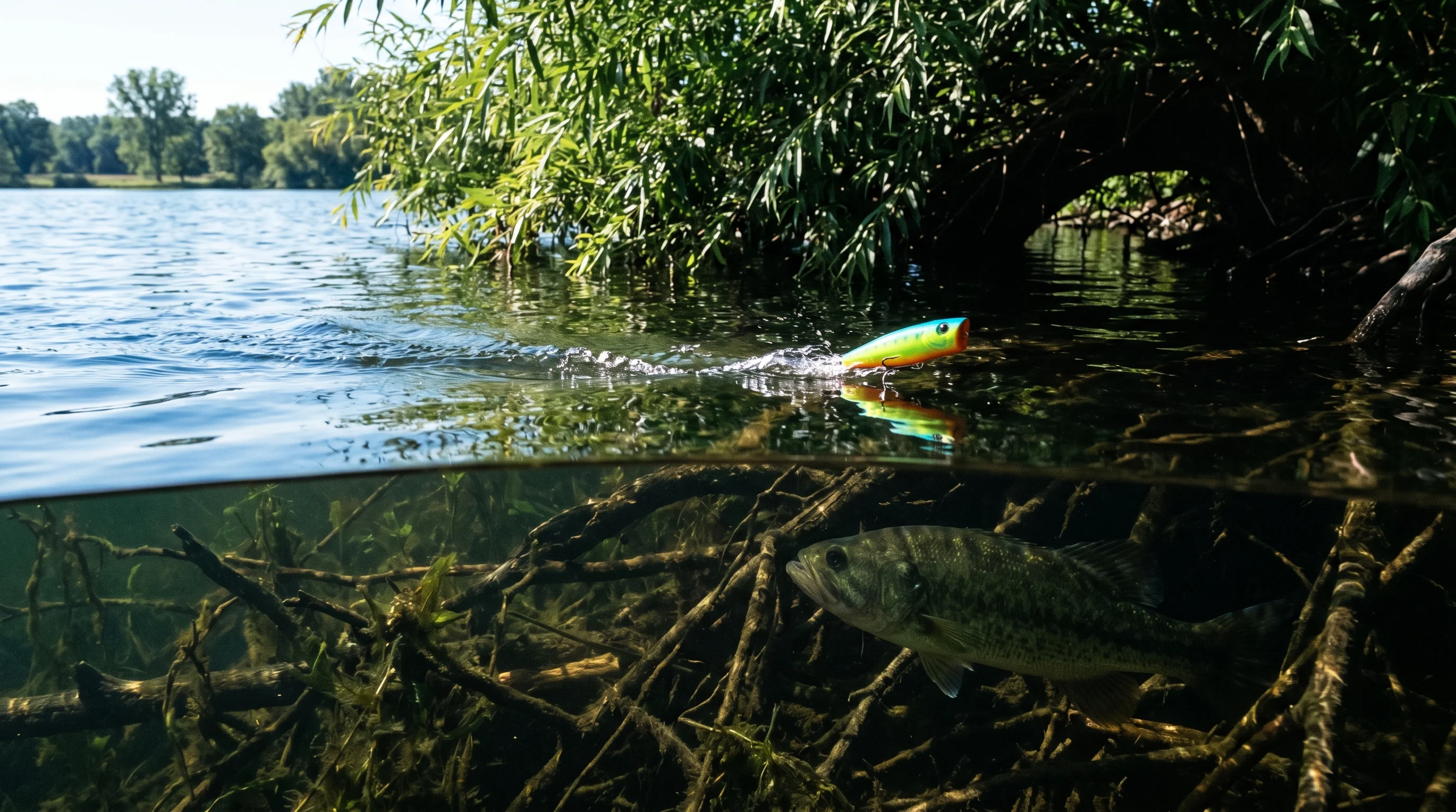 Close-up of topwater lure breaking surface tension with bass tracking below