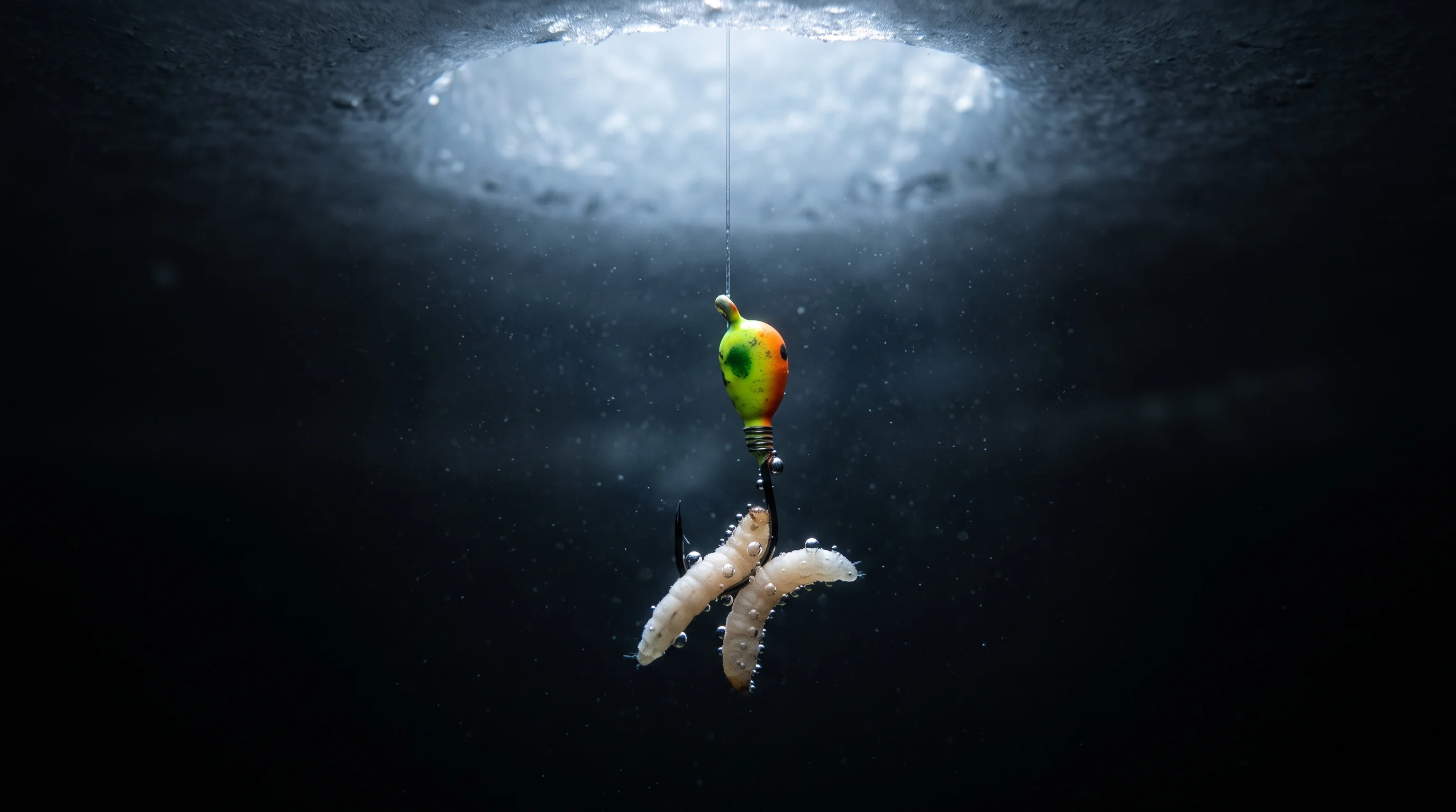Tungsten ice fishing jig tipped with a waxworm
